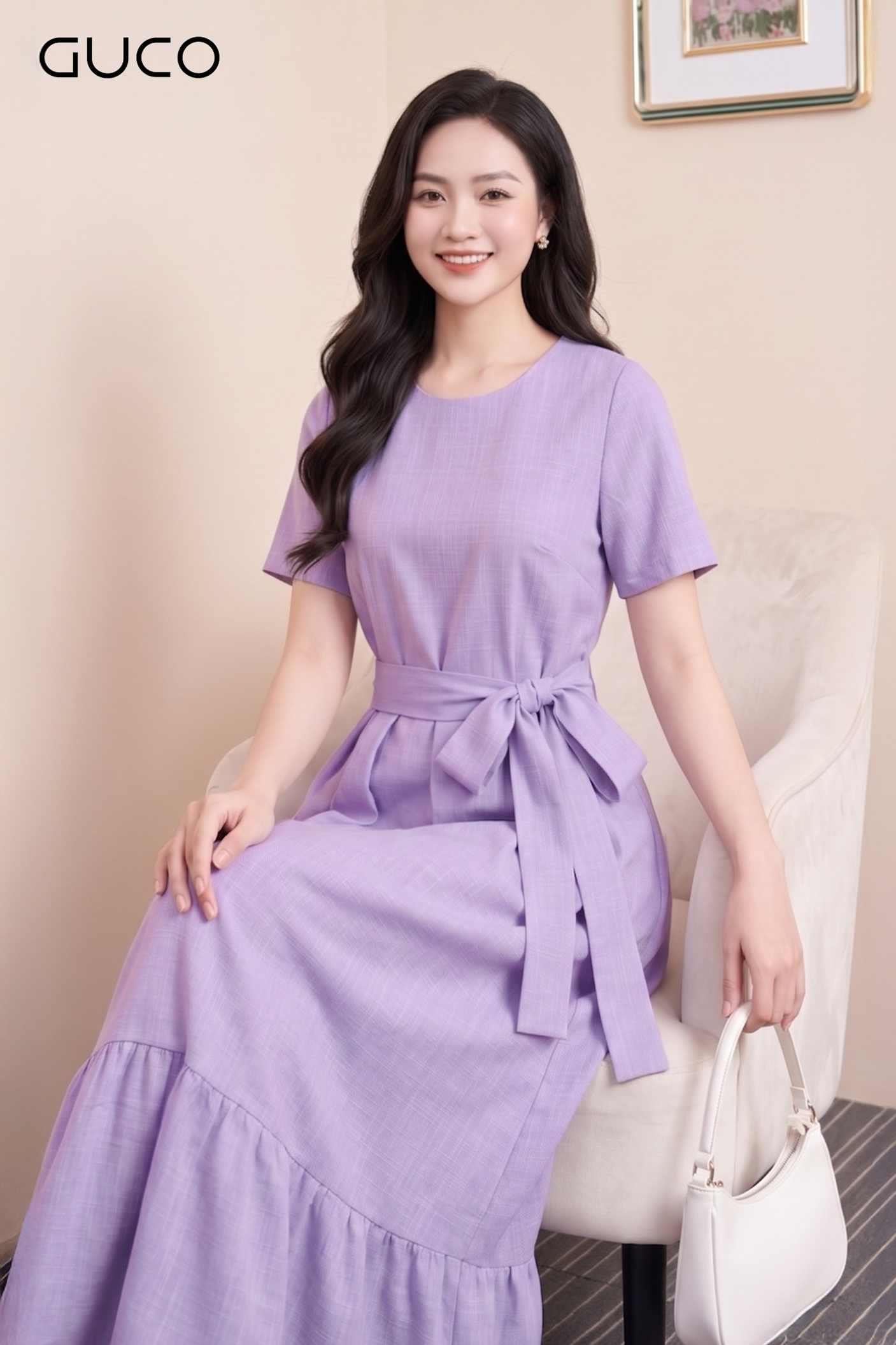 Đầm Suông Tím Thắt Dây Eo Tay Ngắn_thumbnail_1