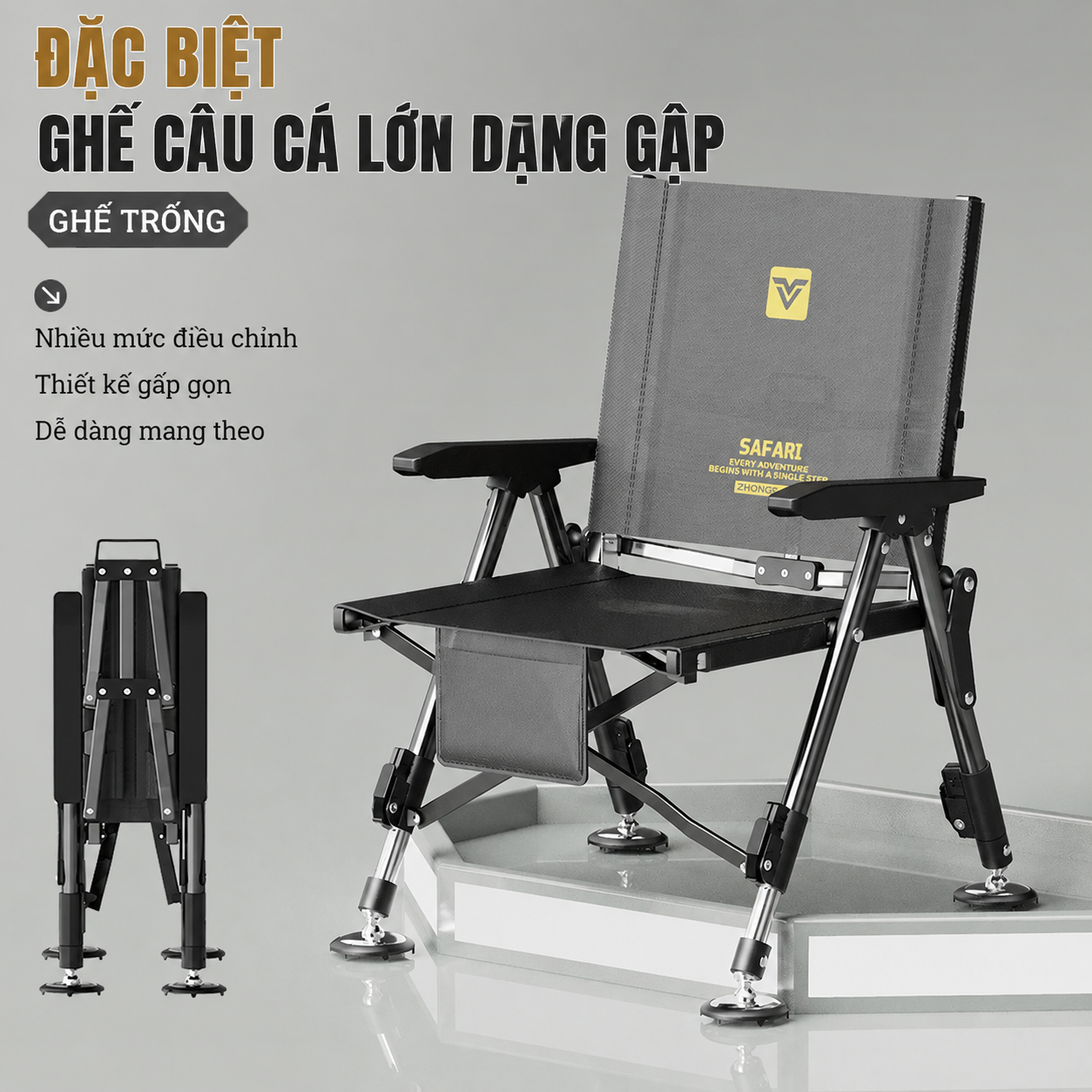 Ghế Câu Cá Lưng Thấp Quanjulong Safari Gọn Nhẹ – Khung Thép Chắc Chắn, Ngồi Êm Không Mỏi