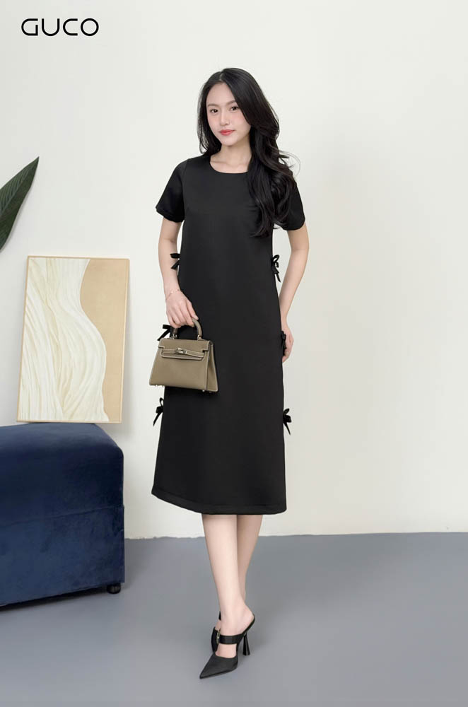 ĐẦM SUÔNG TAY NGẮN KẾT NƠ - ĐEN