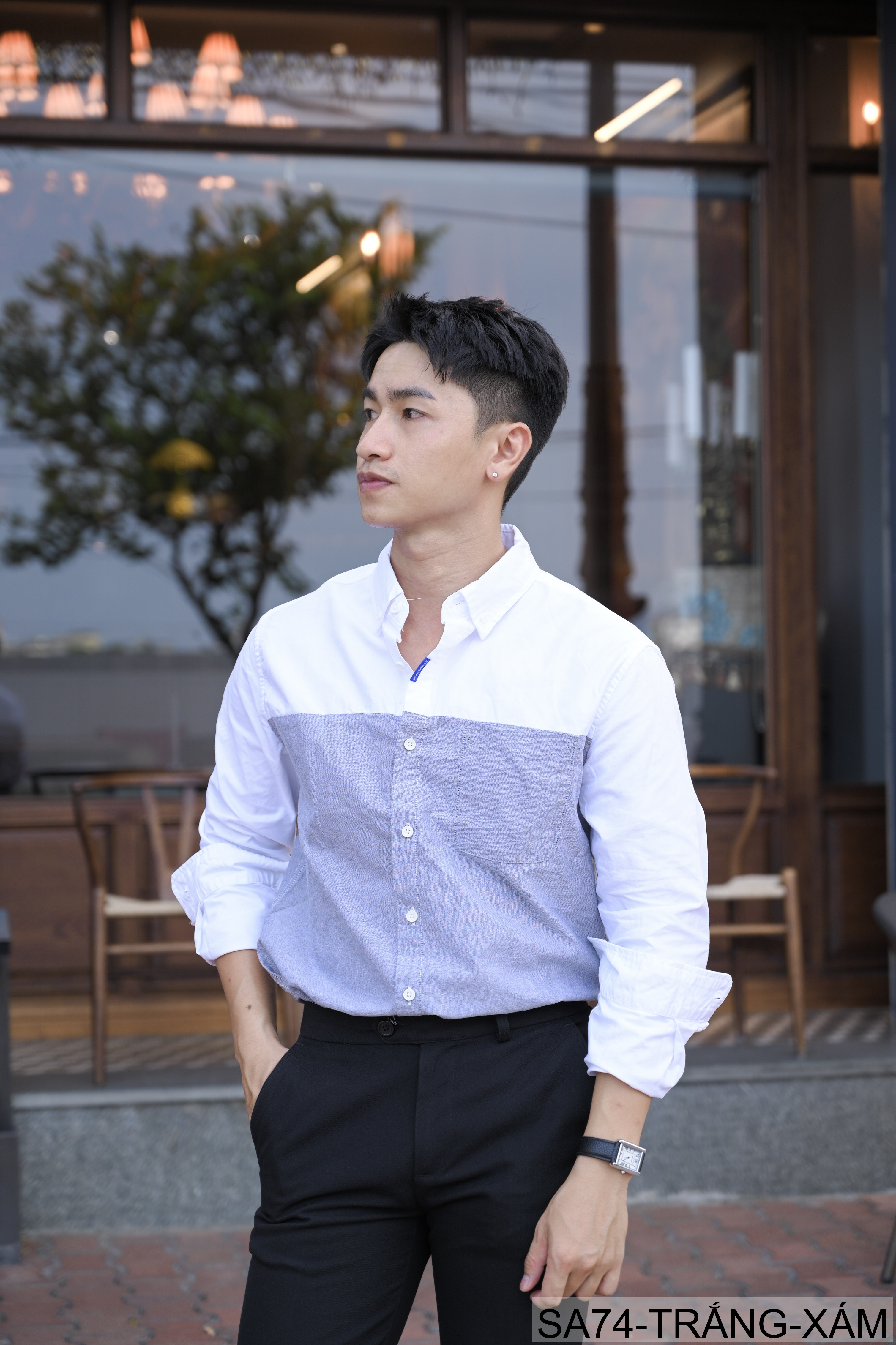 SA74 - Áo sơ mi nam dài tay Oxford kiểu Nhật, form rộng, chất cotton 100%, phối màu trắng xanh lá/xám_thumbnail_5