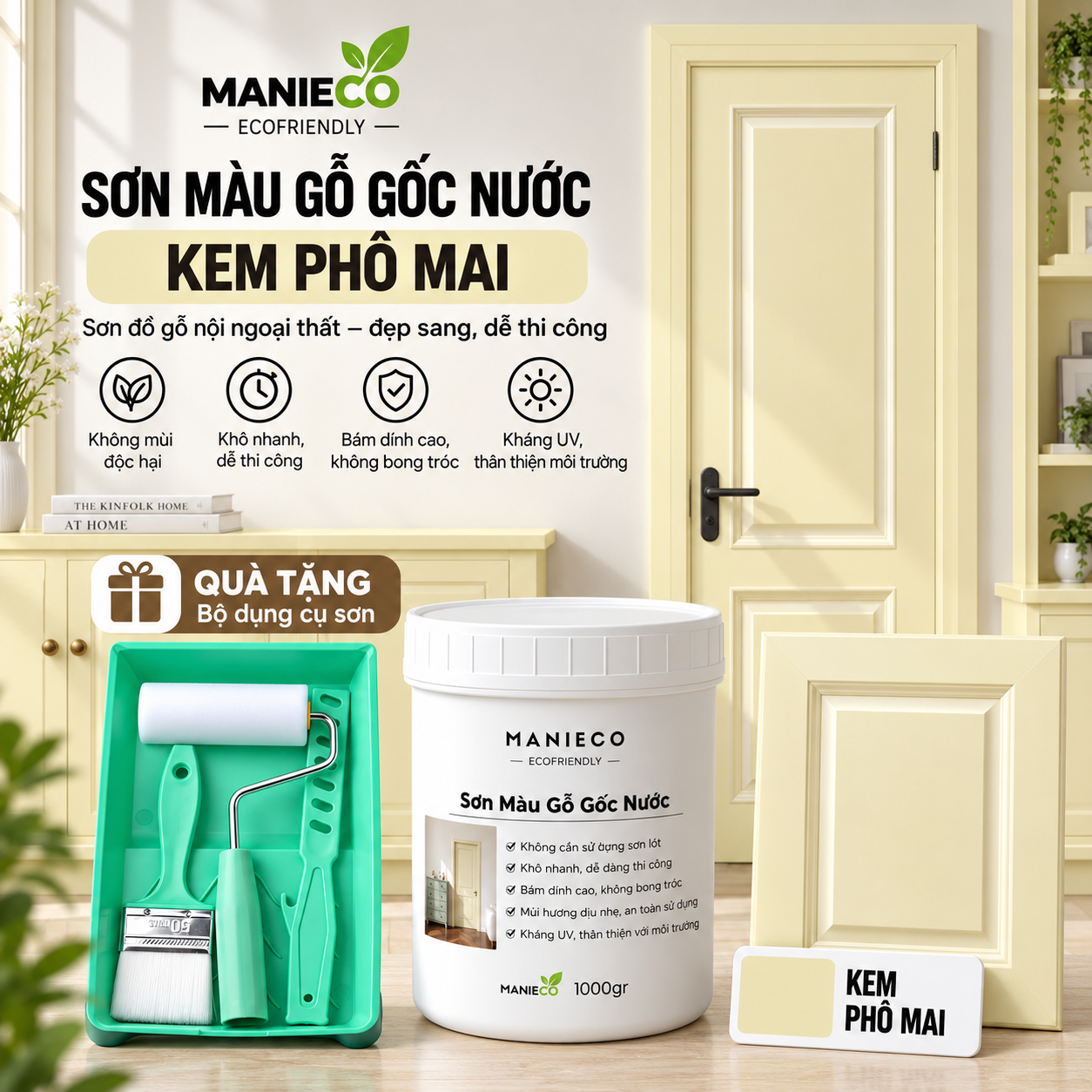 Màu Kem Phô Mai - Sơn Gỗ Gốc Nước Đổi Màu Manieco 1KG - Nội Ngoại Thất, Che Phủ Hoàn Toàn, Không Mùi