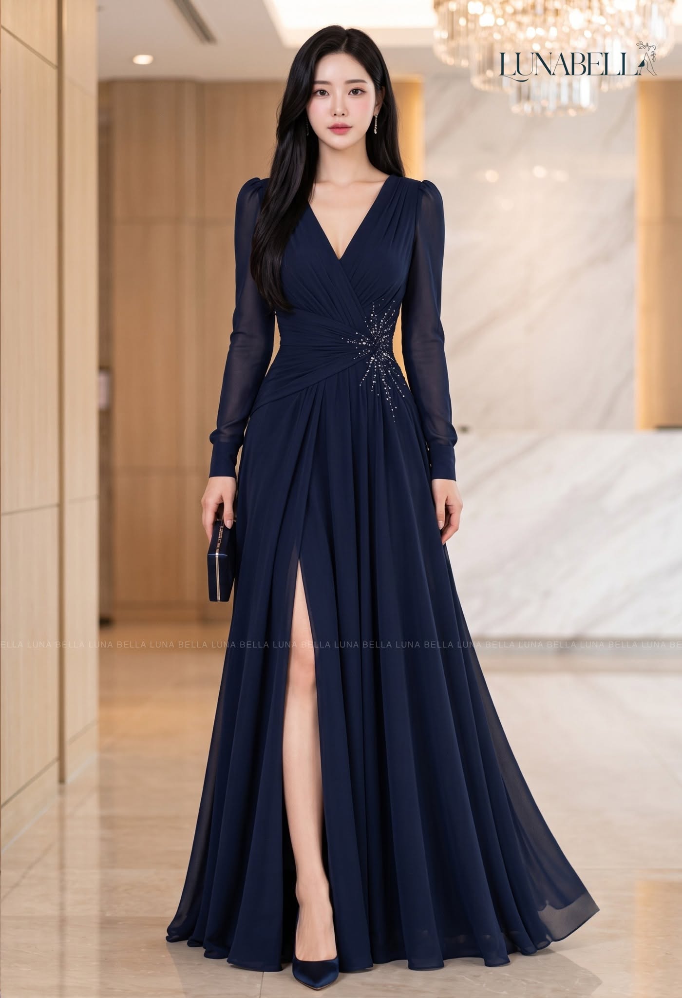 Váy dài cổ v đính đá eo AZELIA màu XANH NAVY_thumbnail_1