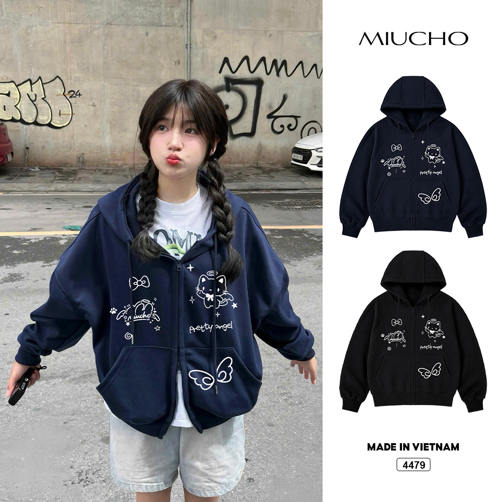 Áo hoodie zip Miucho form rộng basic nỉ 2 da 4479