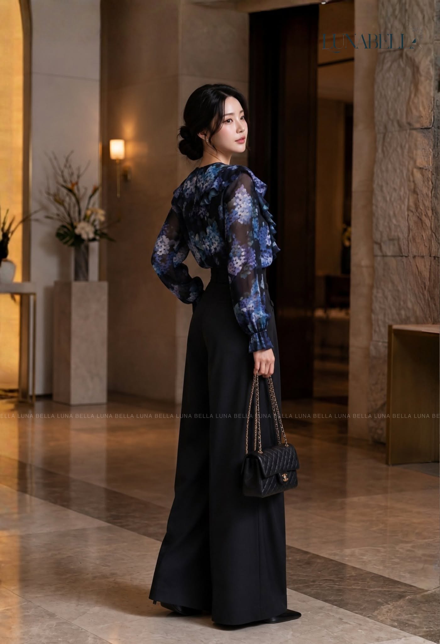 Set áo voan bèo quần dài xuông VELORA màu ĐEN_thumbnail_2
