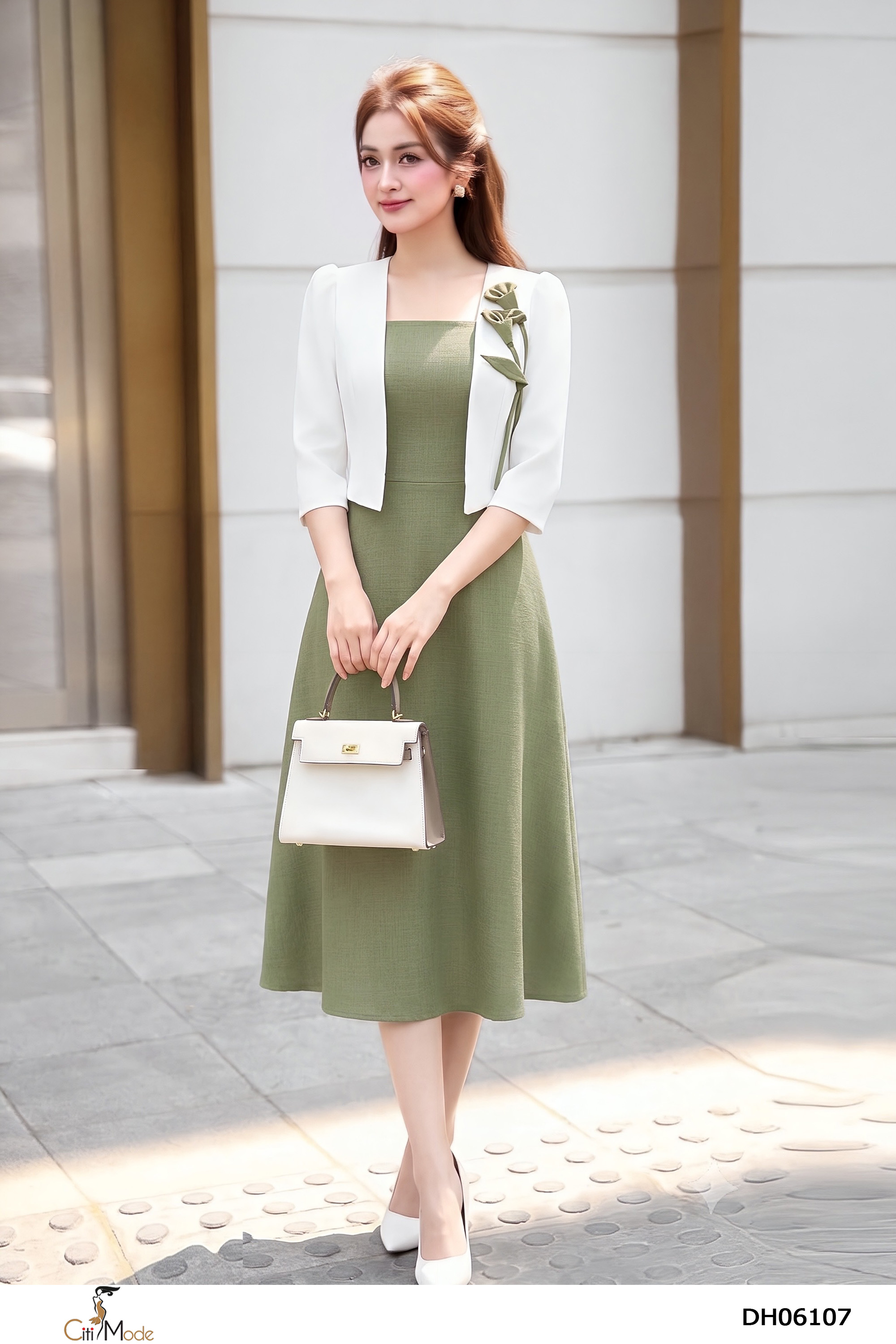 Đầm xòe giả set xanh rêu  phối trắng, cổ vuông tay lỡ