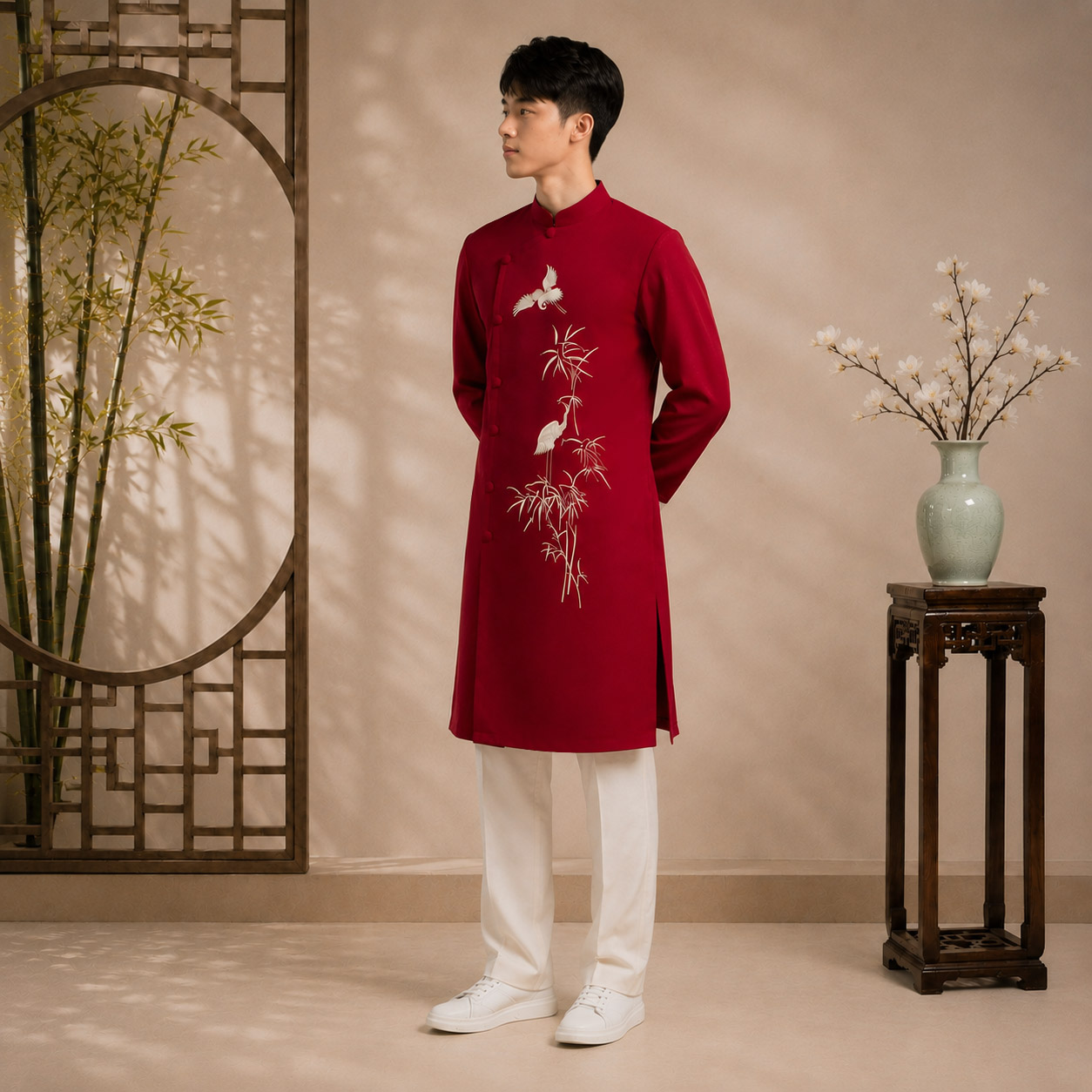 Áo Dài Nam Cách Tân Taffeta Đỏ Đô Thêu Trúc Quân Tử Cao Cấp NA26-21_thumbnail_3
