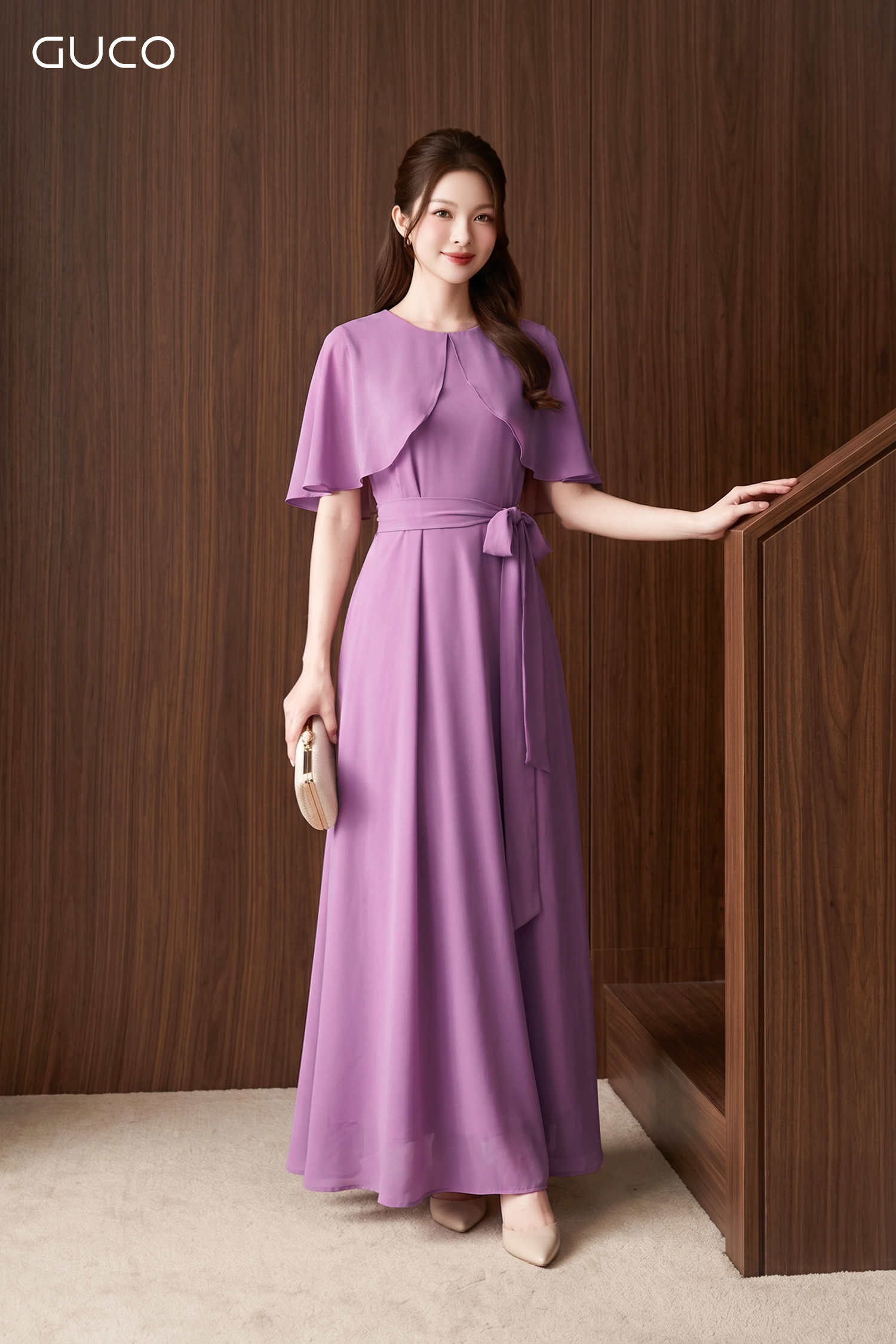 Đầm Maxi Tím Phối Áo Choàng Cape Thắt Eo