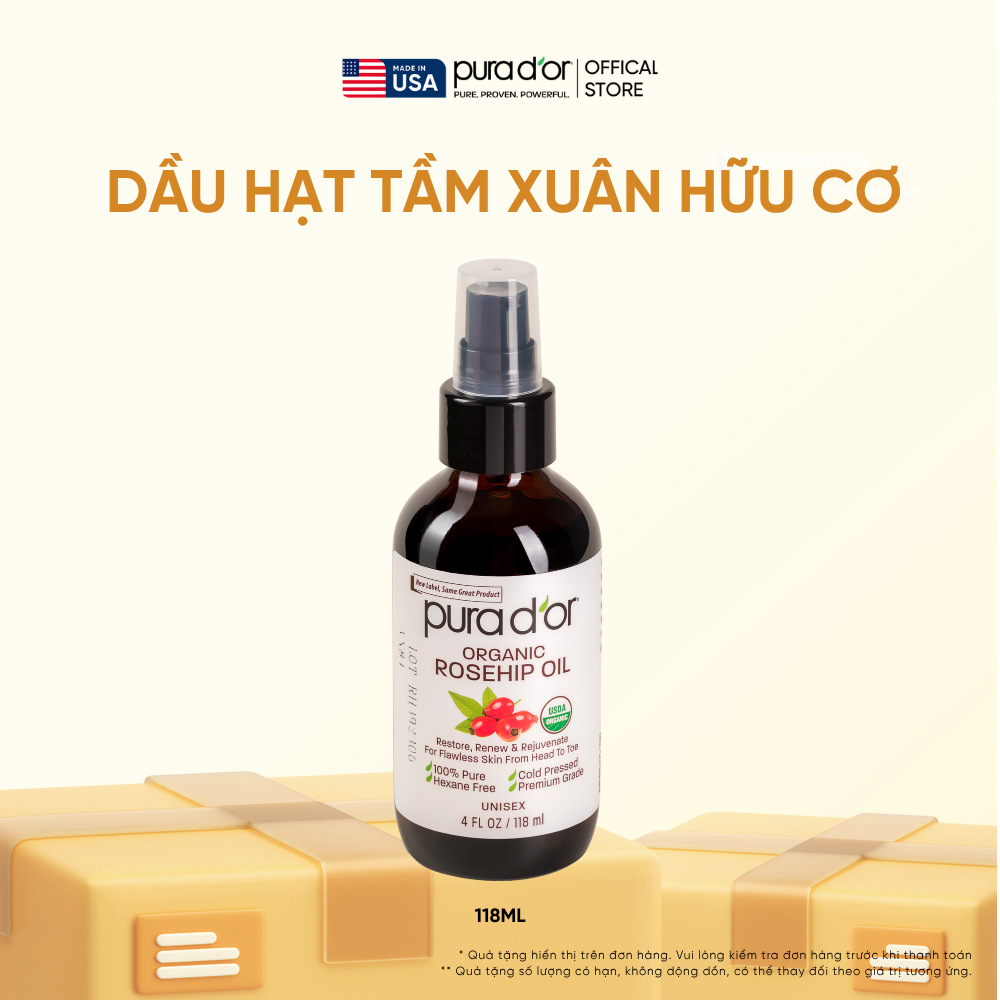 Dầu Hạt Tầm Xuân Nguyên Chất Hữu Cơ Pura D'or Organic Rosehip Seed Oil  – Giúp Phục Hồi Làn Da & Dưỡng Tóc Mềm Mượt 118ml