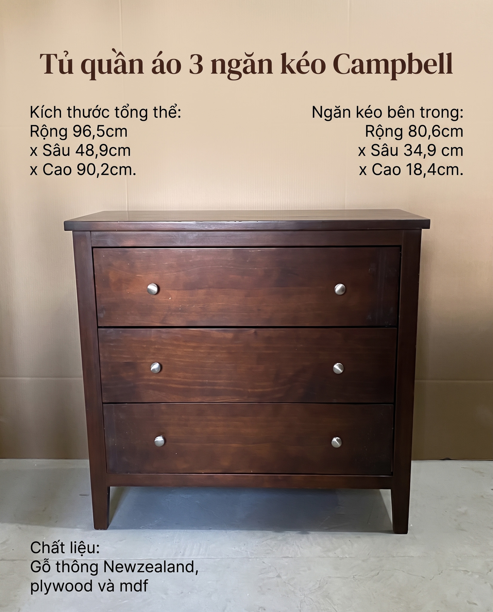 Tủ quần áo 3 ngăn kéo Campbell