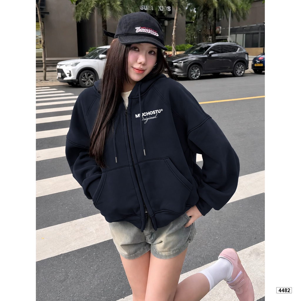 Áo hoodie zip Miucho form rộng basic nỉ 2 da in typography 4482_thumbnail_3