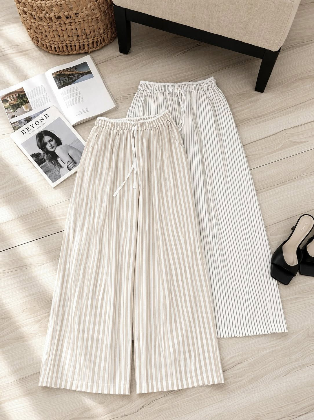 Quần suông linen lưng chun phối viền dây rút trắng