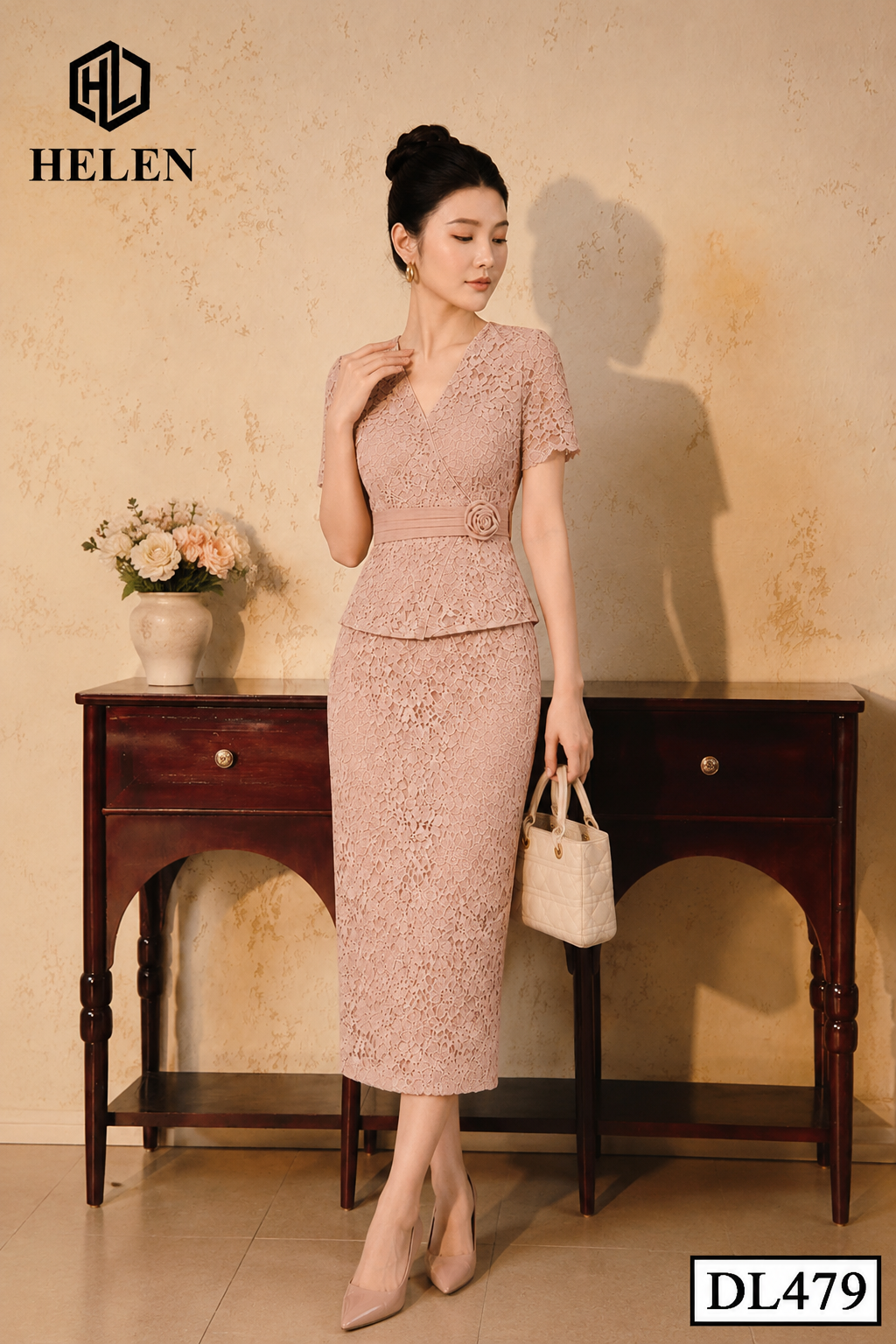 Đầm ôm Ren liền thân hồng đính hoa eo DL479_thumbnail_2