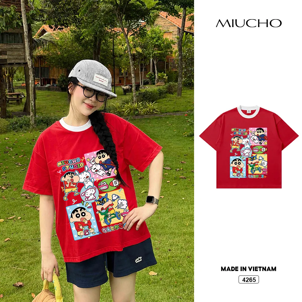 Áo thun unisex form boxy phối cổ mix màu hoạt hình Miucho 4265