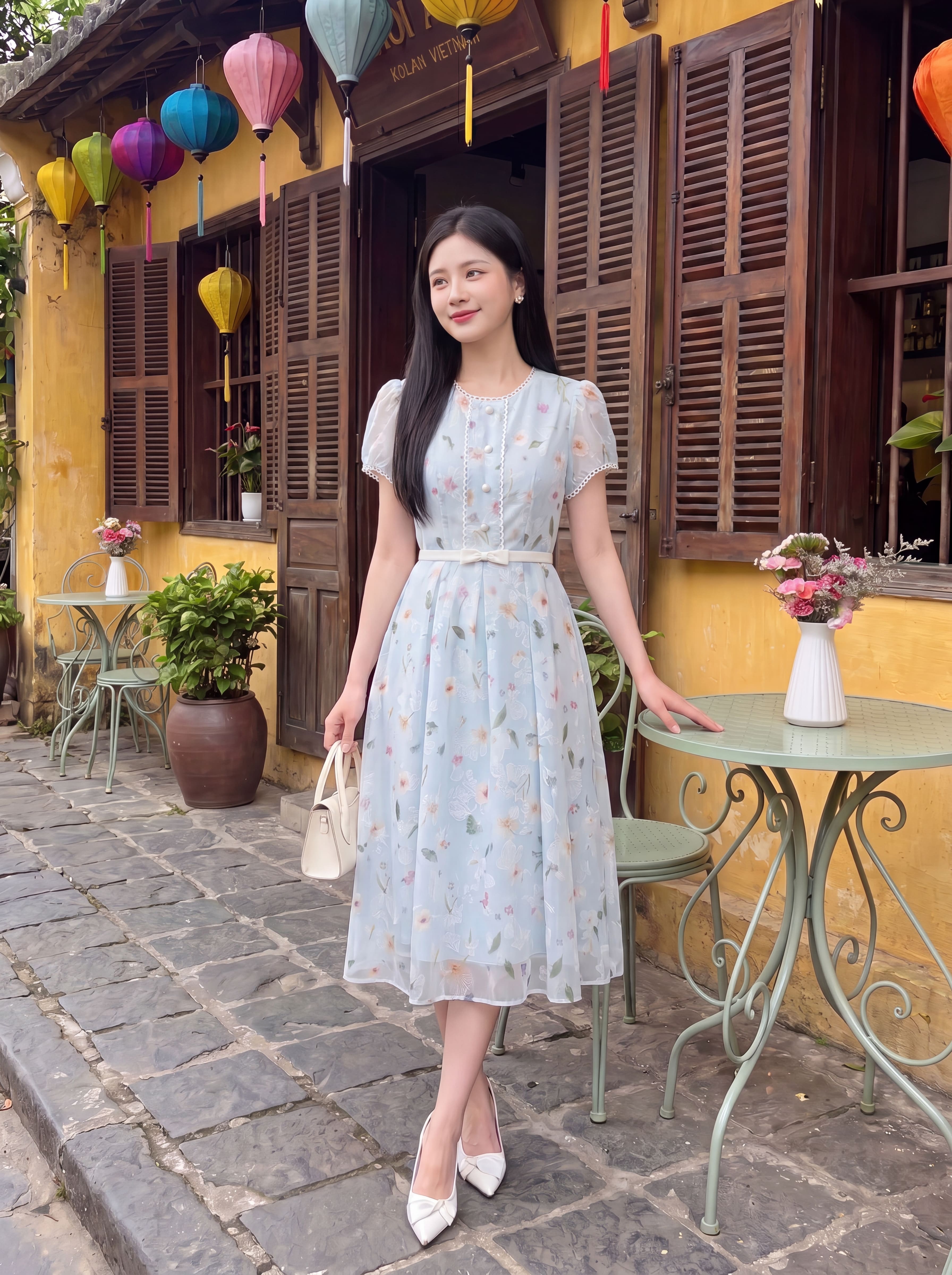 Váy hoa cộc tay nơ eo 606003