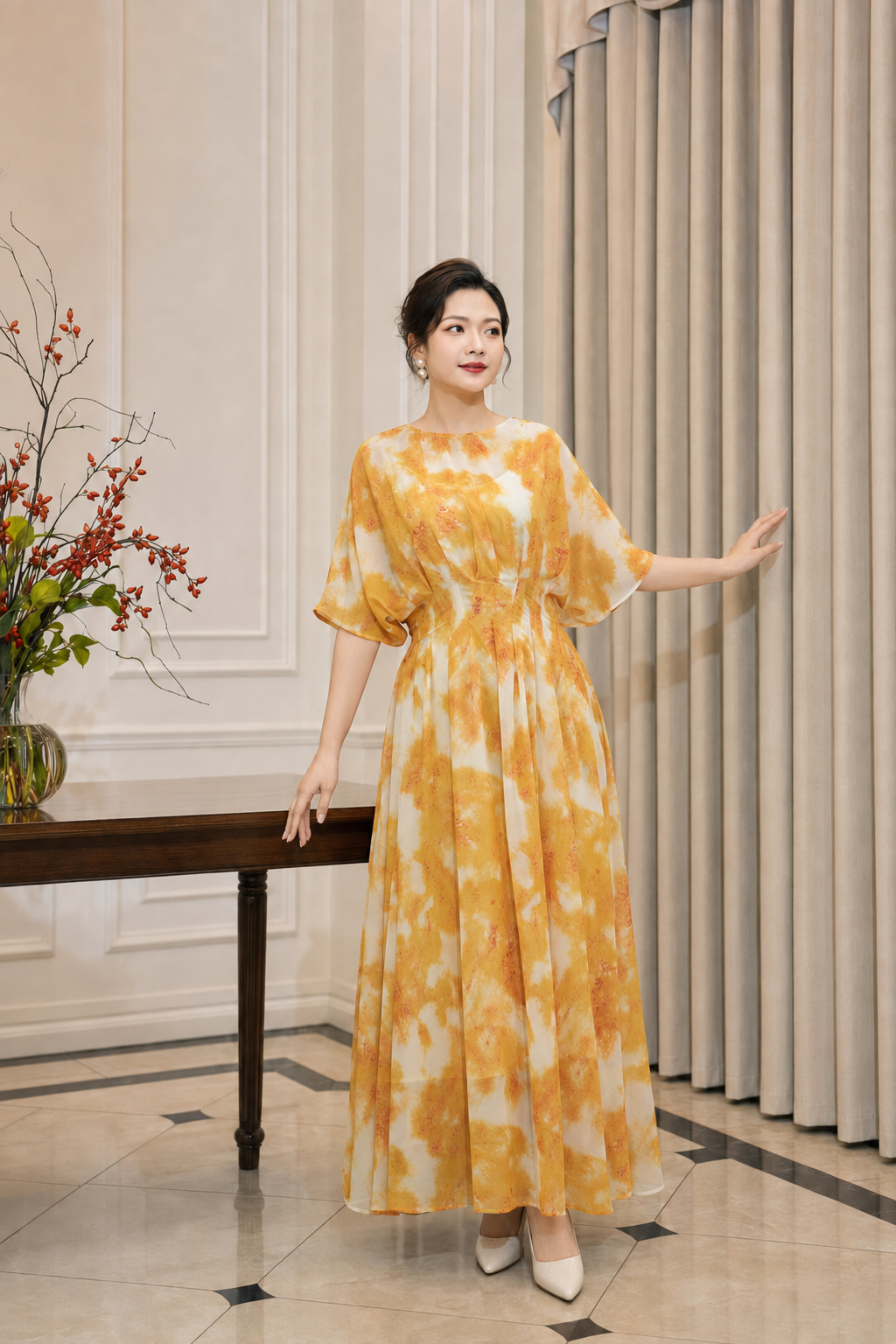 LV019 - VÁY HỌA TIẾT VÀNG