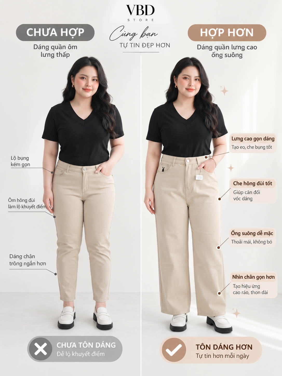 Minh họa so sánh tỷ lệ quần cạp thấp ống ôm và quần cạp cao ống suông màu be