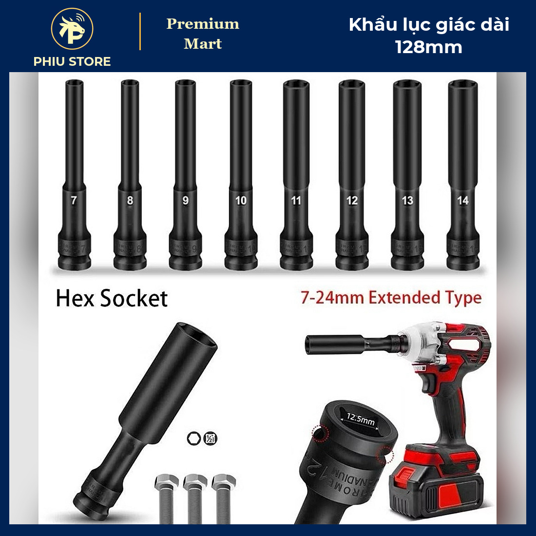 Khẩu Lục Giác Dài 128mm Đầu Vuông 1/2 Inch Thép Cr-V Đen - Cỡ 8 Đến 19mm, Dùng Máy Vặn Bulong - PHIU STORE_thumbnail_3