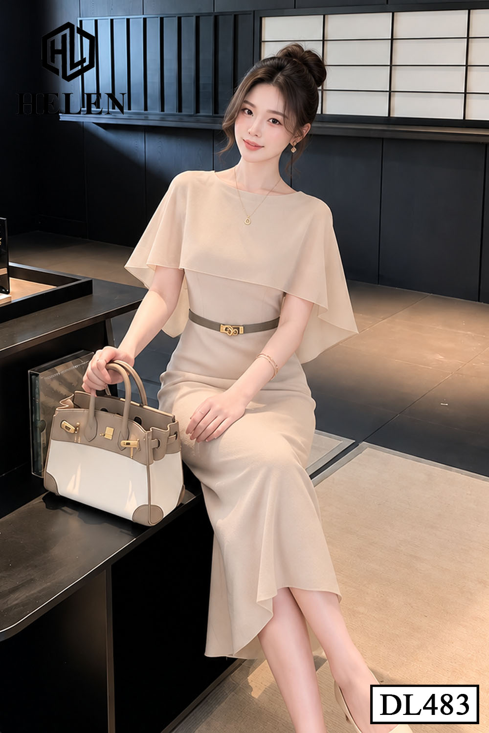 Đầm ôm cổ thuyền phối tơ màu kem DL483_thumbnail_2