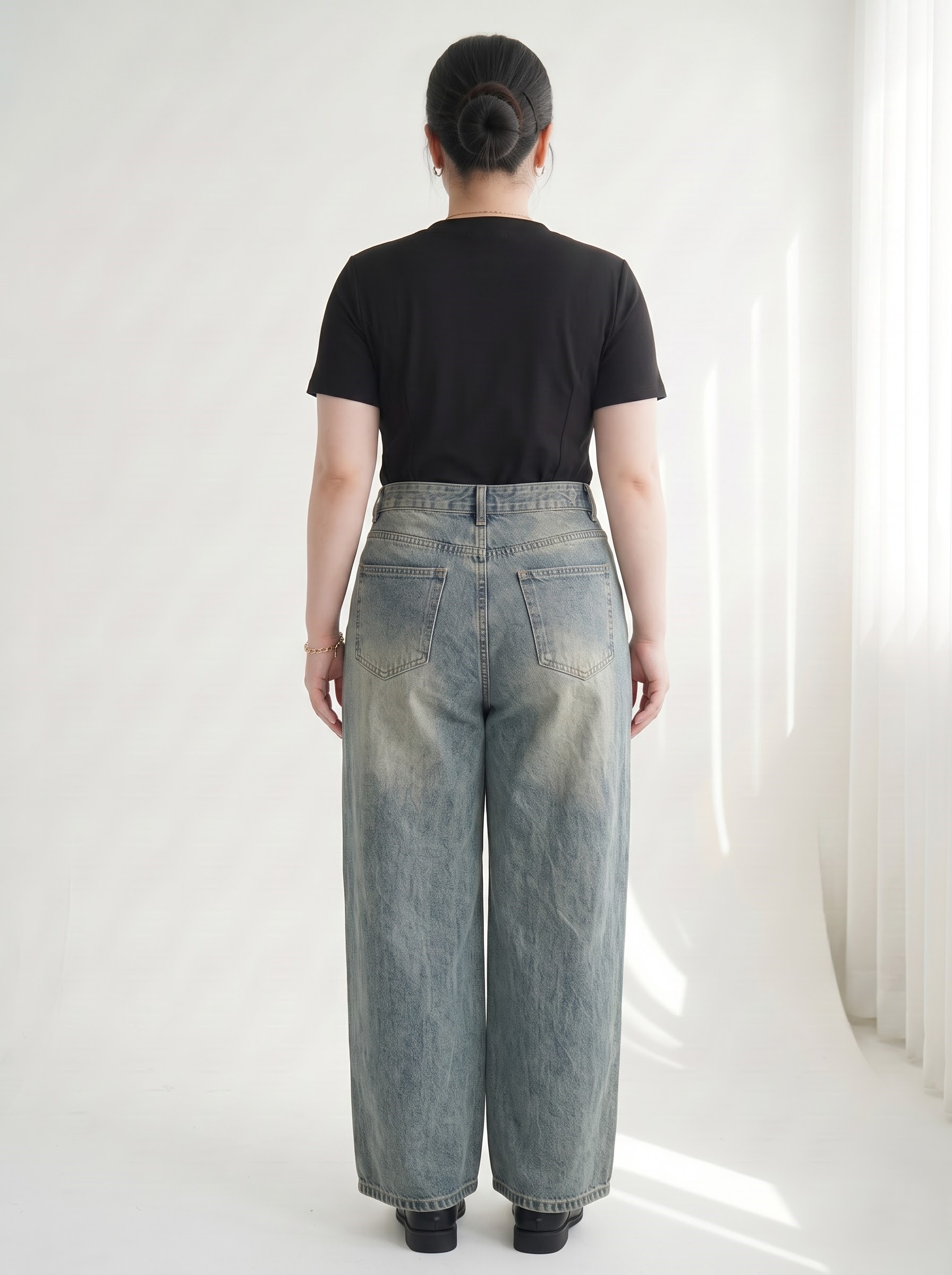 Quần Jean Suông Nấm Bigsize Lưng Cao Wash Xanh Đậm/Xanh Nhạt - Vừa 55–90kg - T-QJ631