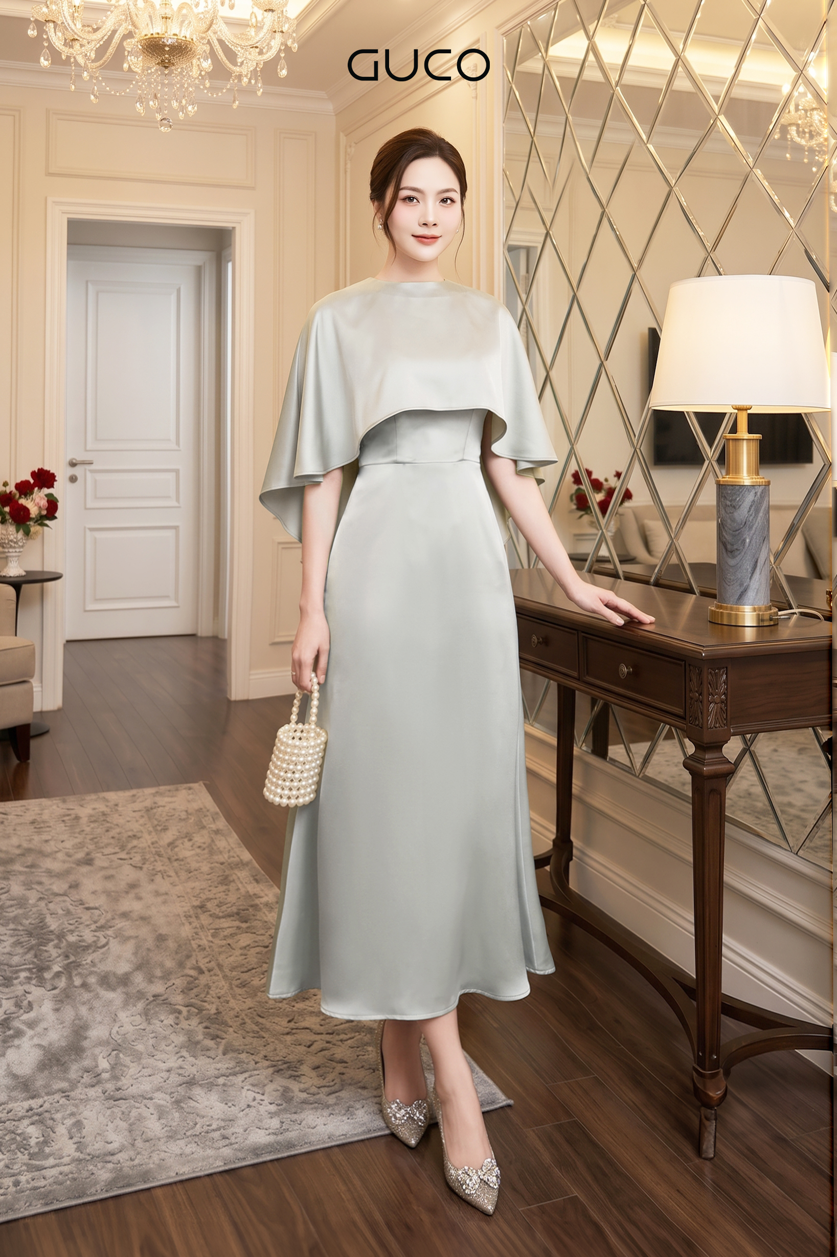 Đầm Dự Tiệc Xanh Phối Áo Choàng