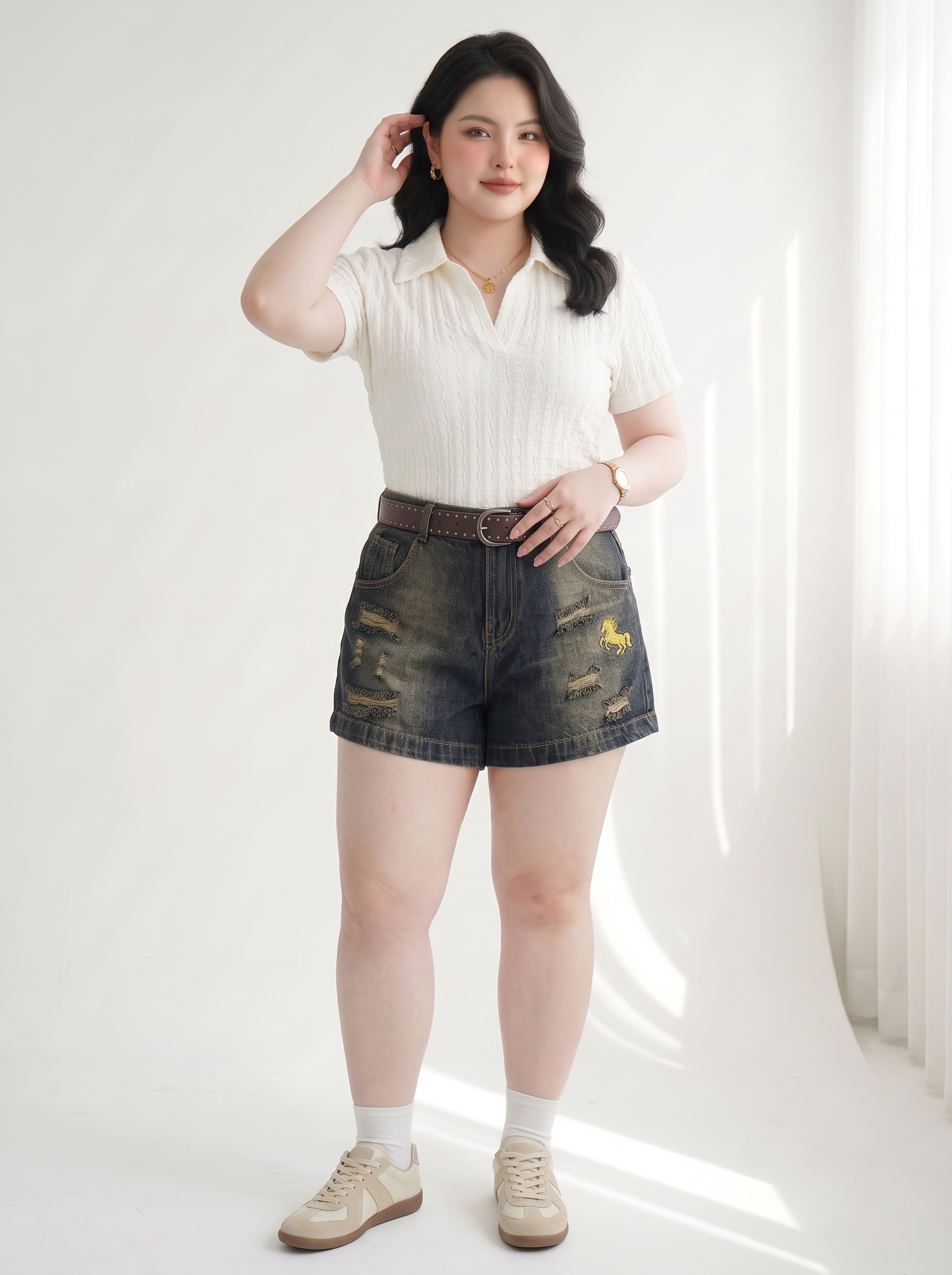 Quần Short Jean Lưng Thun Thêu Ngựa Bigsize Gọn Đùi Dễ Phối - Xanh Nhạt, Đen Wash - Vừa 55-90kg - T-QSJ1329