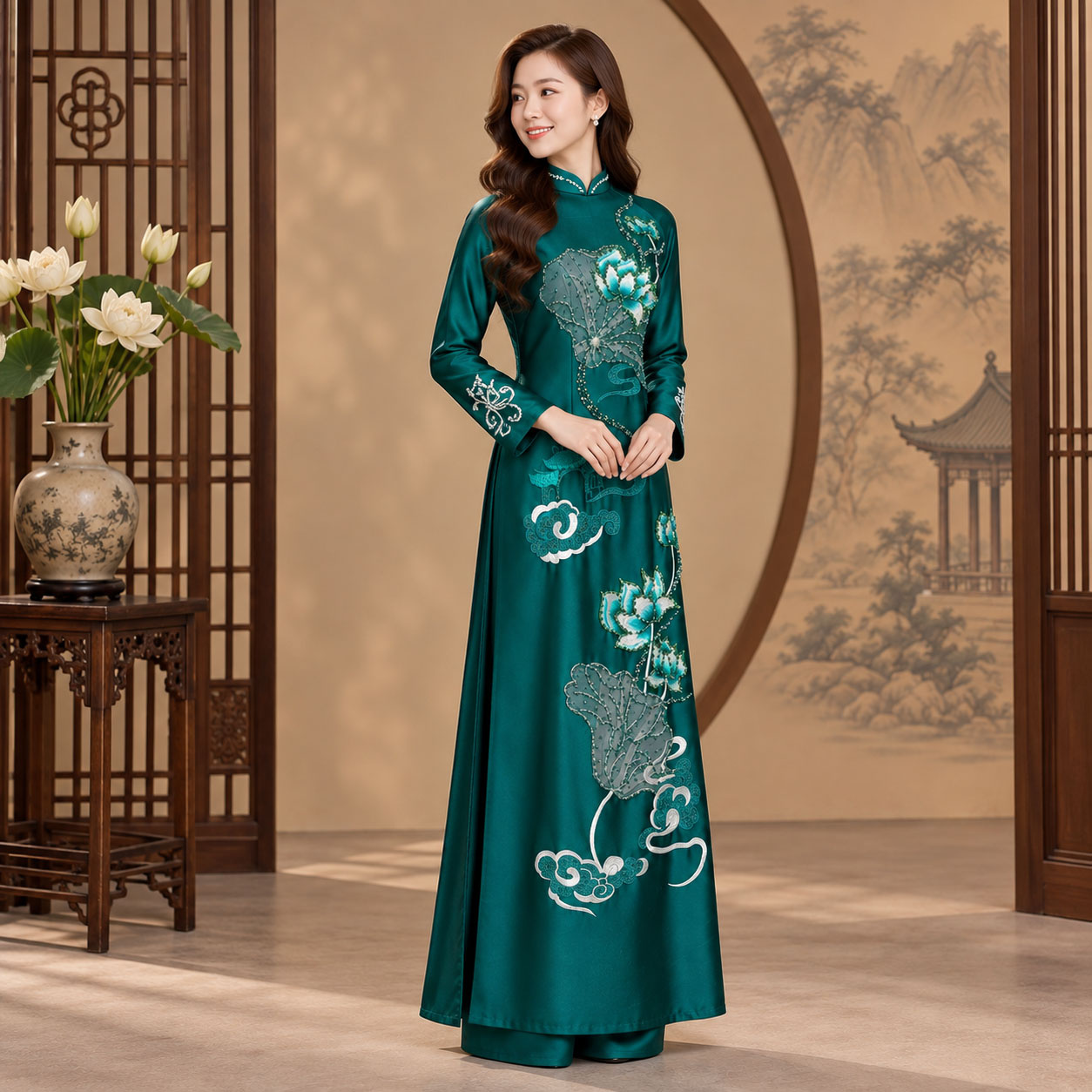 Áo Dài Mẹ Cô Dâu Chú Rể Ruby Thêu Hoa Sen Cao Cấp AM26-19