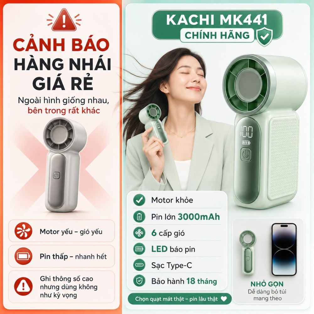 Quạt Cầm Tay Mini Kachi MK441 - Pin Khủng 3000mAh, Màn Hình LED Hiển Thị, 6 Cấp Độ Gió (Bảo Hành 18 Tháng)_thumbnail_6