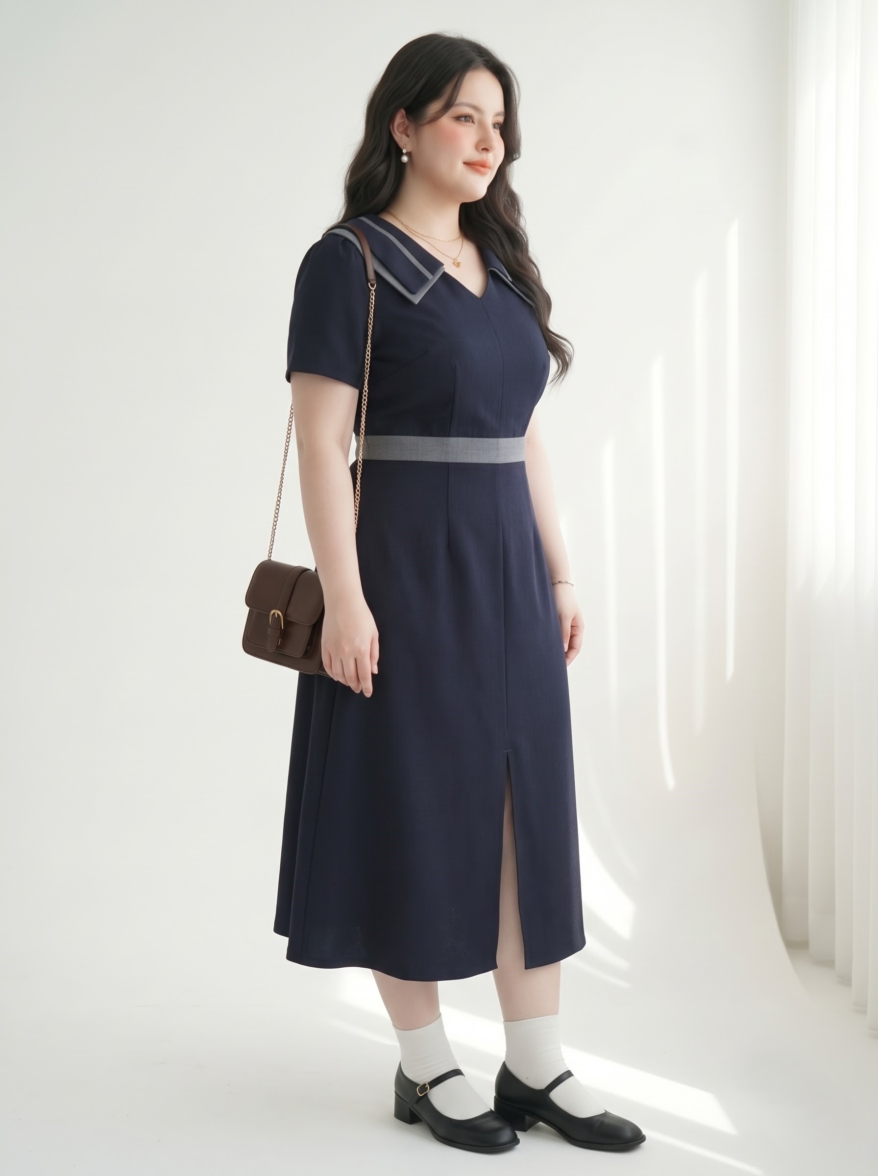 Đầm Dáng A Phối Vạt Kiểu Bigsize Nữ 2 Lớp Bố Chéo Có Lót - Vừa 55–90kg - V-DA242