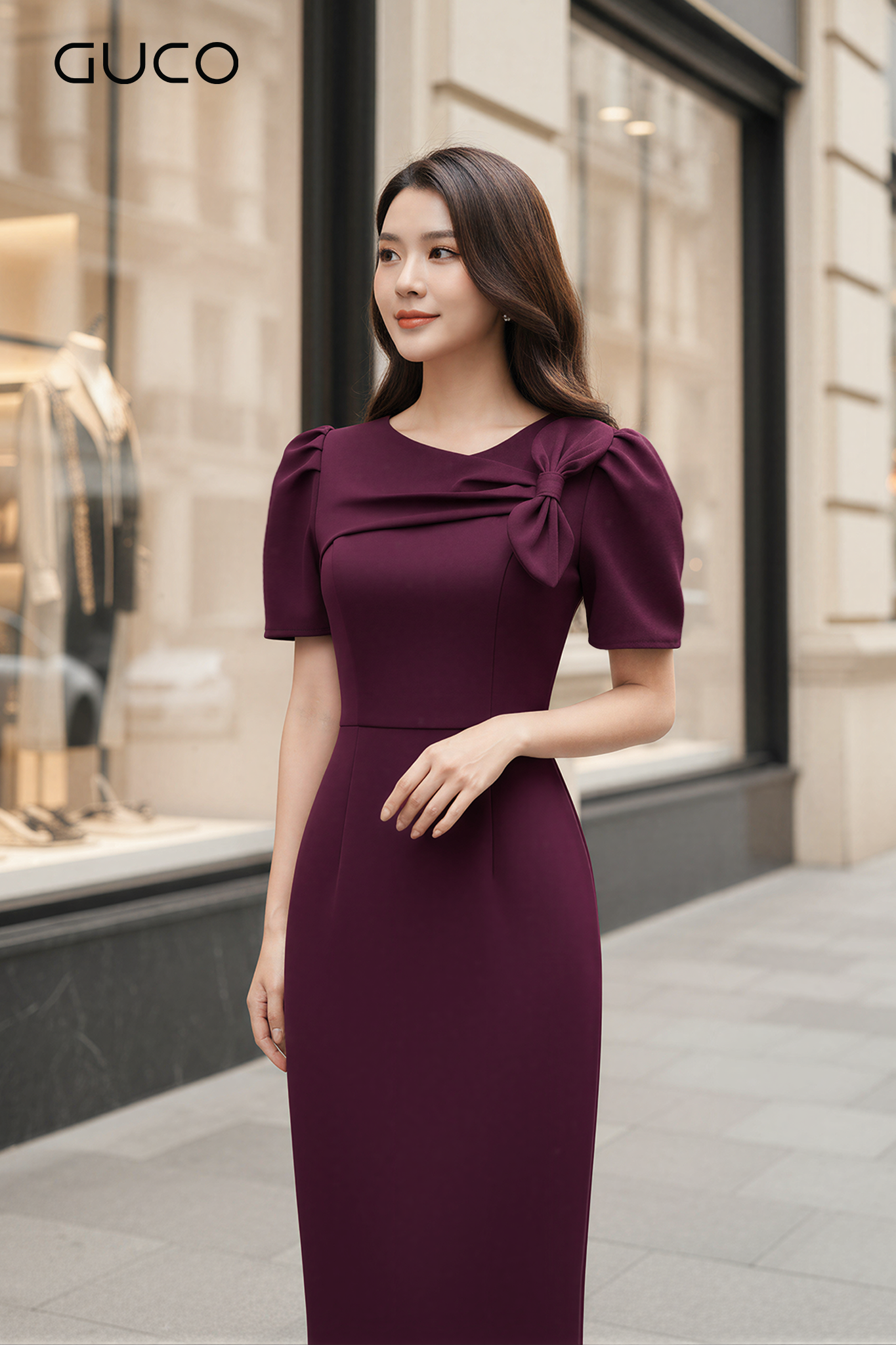GUCO Đầm Body Tím Nơ Vai Thanh Lịch_thumbnail_1