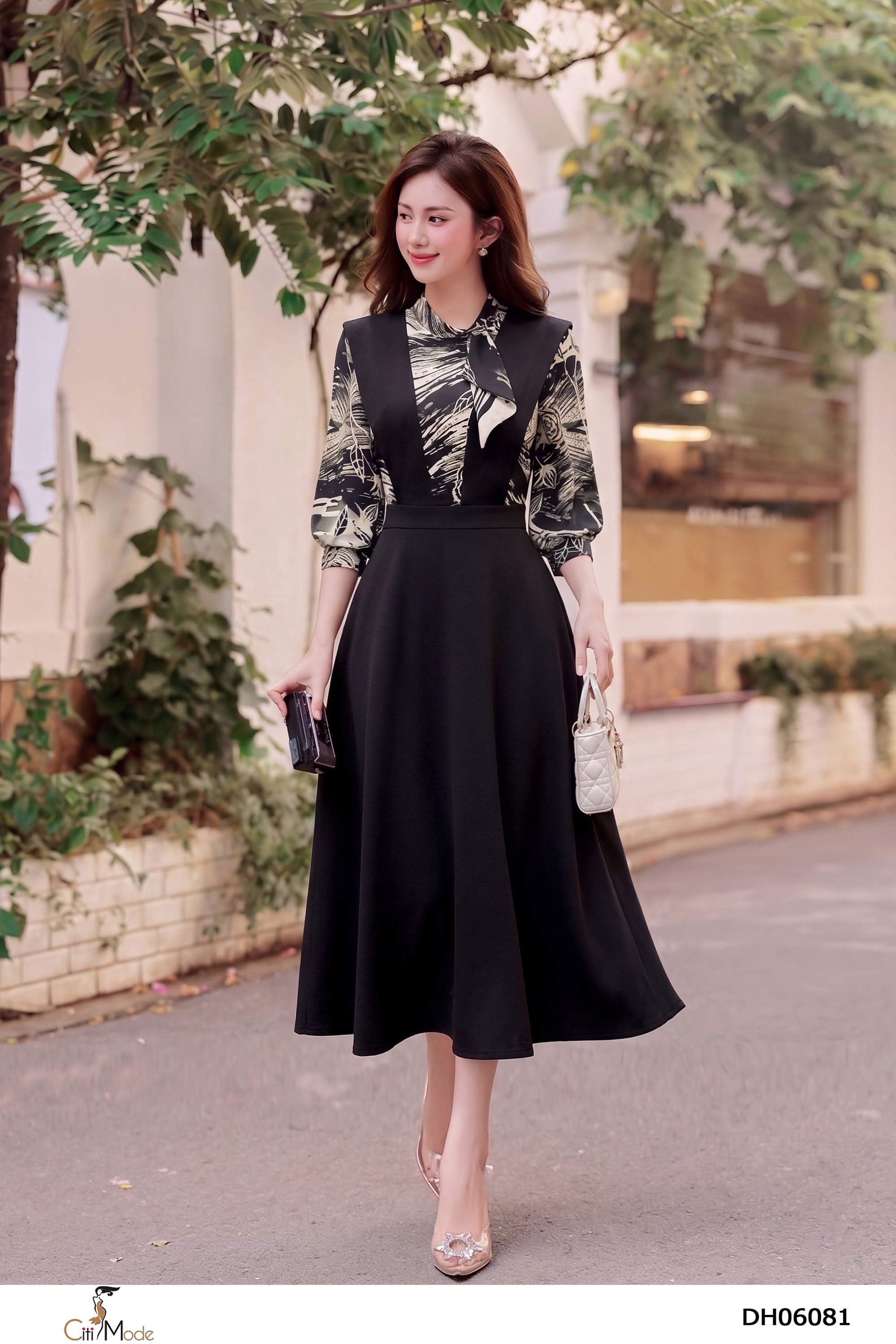 Đầm xòe đen phối họa tiết cổ nơ, tay lỡ_thumbnail_3