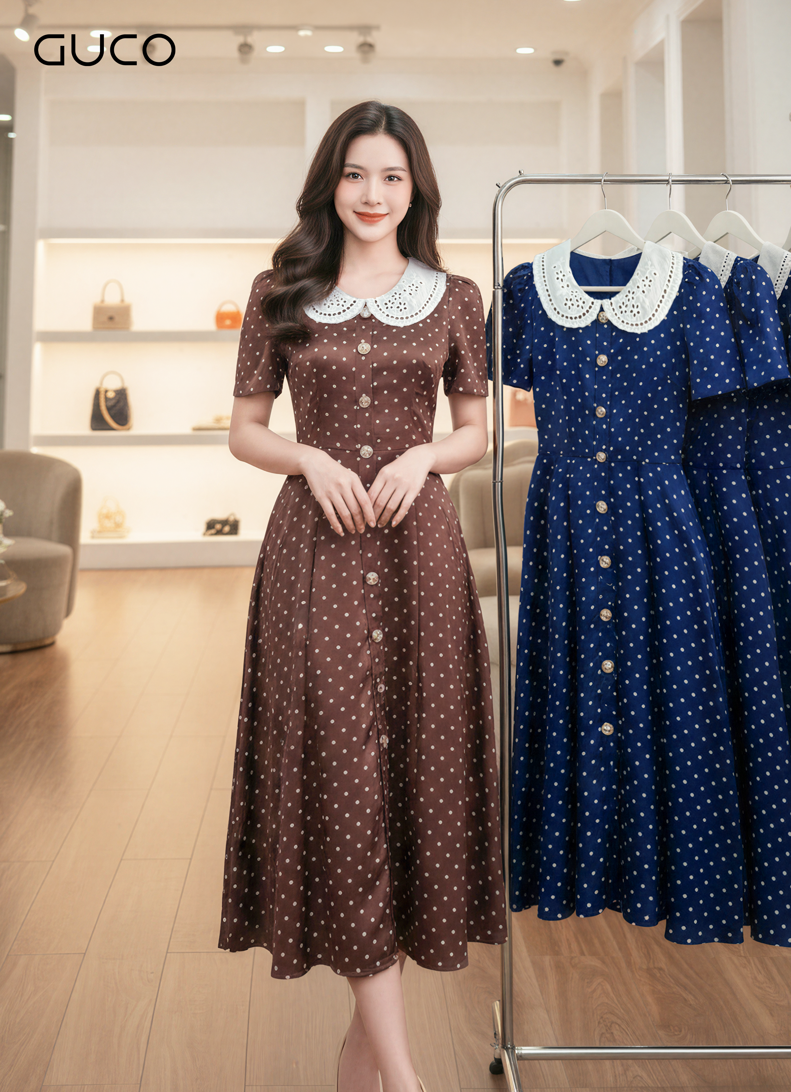 GUCO Đầm Chấm Bi Nâu Cổ Sen Thanh Lịch