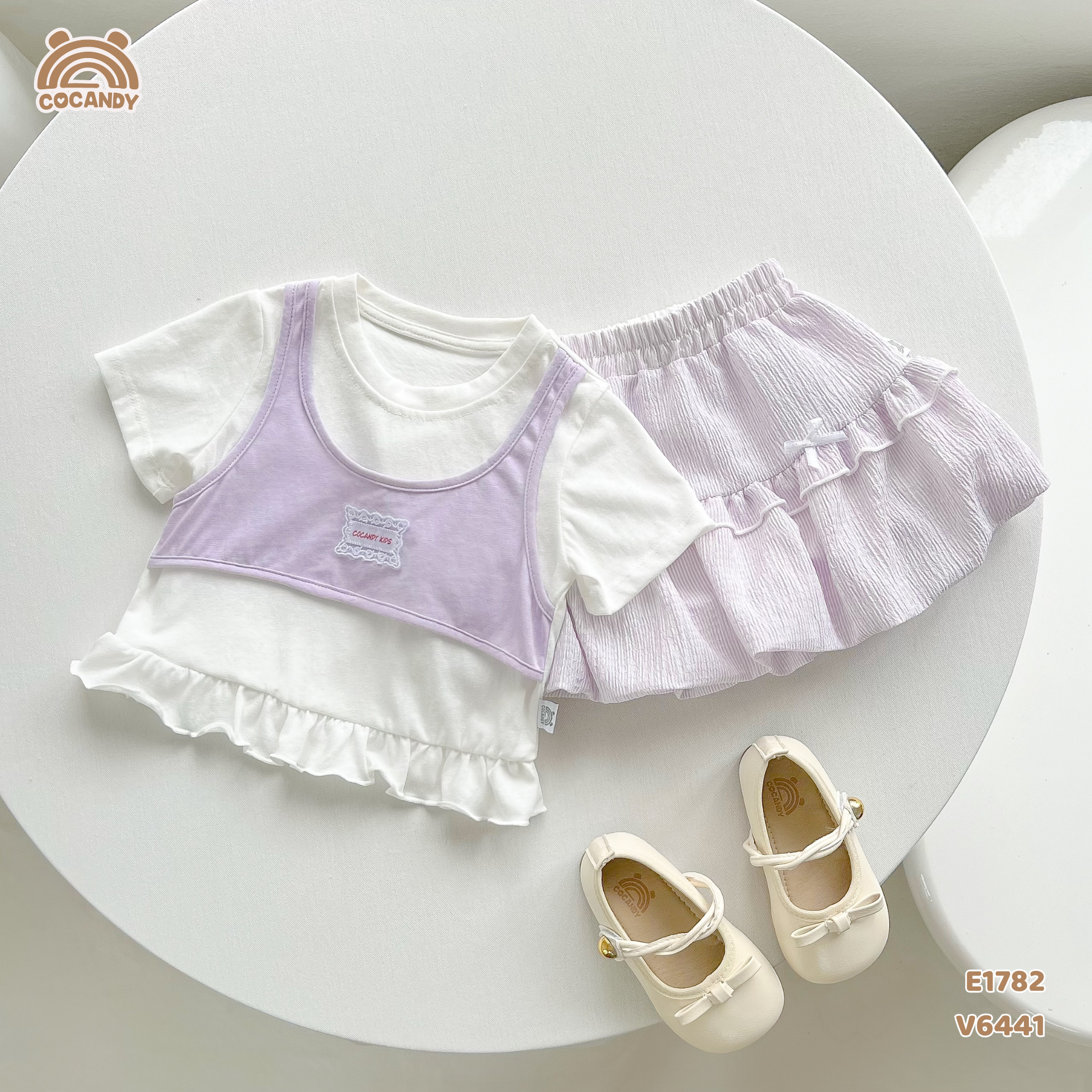 Áo cộc cotton TÍM TRẮNG giả yếm tag CCD