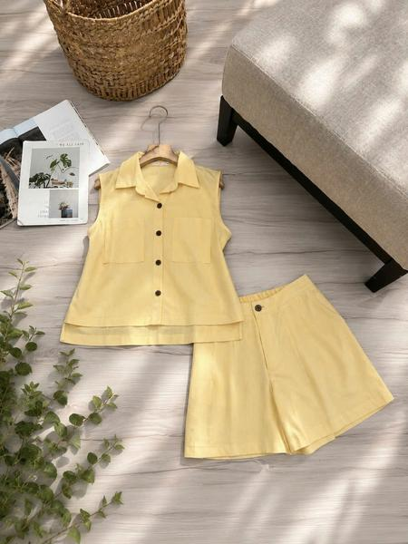 Bộ linen bột đùi áo sơ mi sát nách 2 túi lệch tà