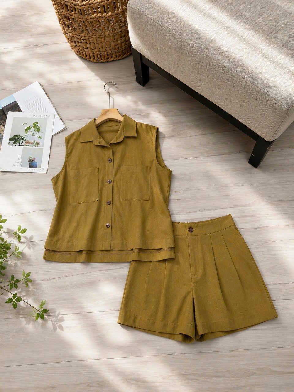 Bộ linen bột đùi áo sơ mi sát nách 2 túi lệch tà_thumbnail_9