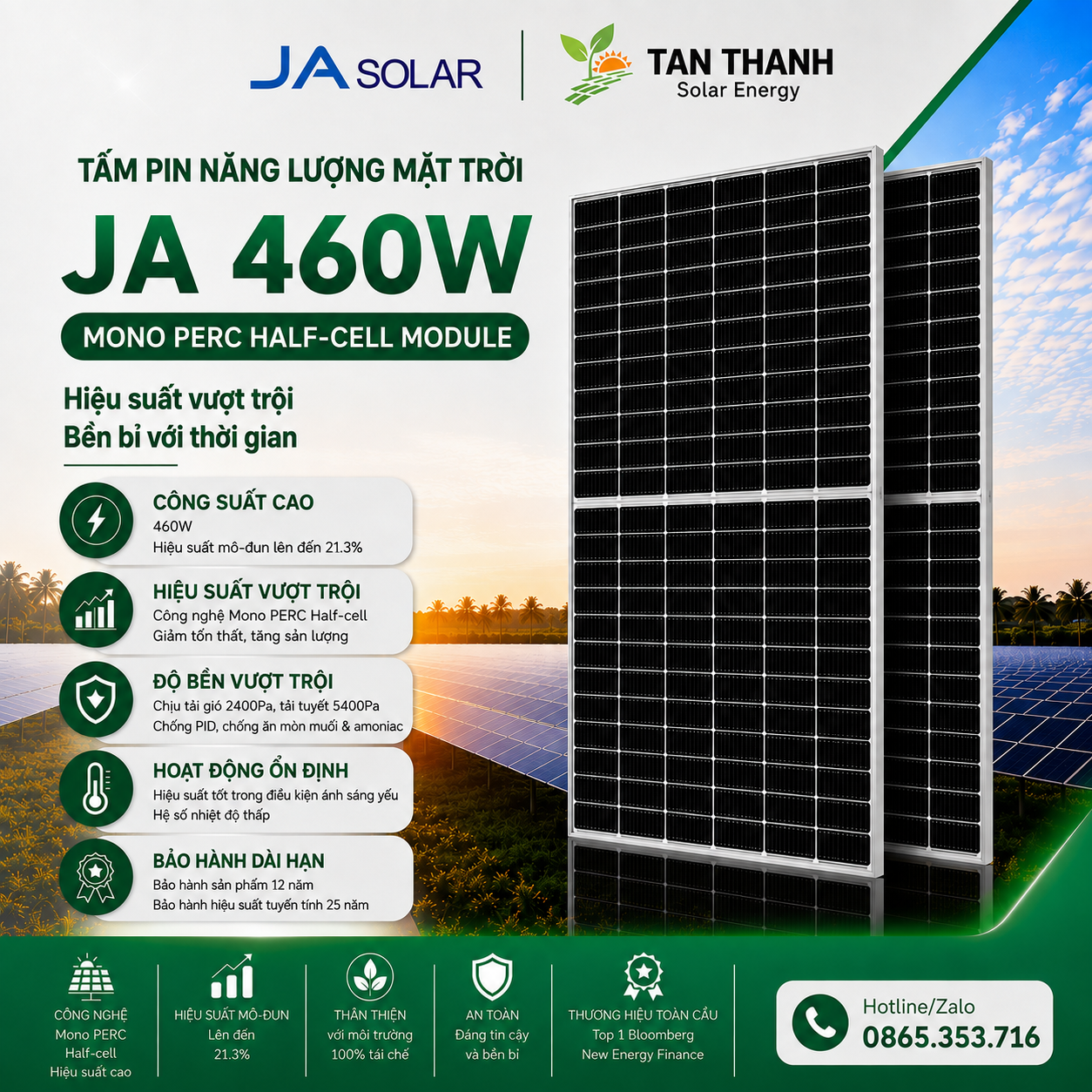 Tấm Pin Năng Lượng Mặt Trời JA Solar 460W