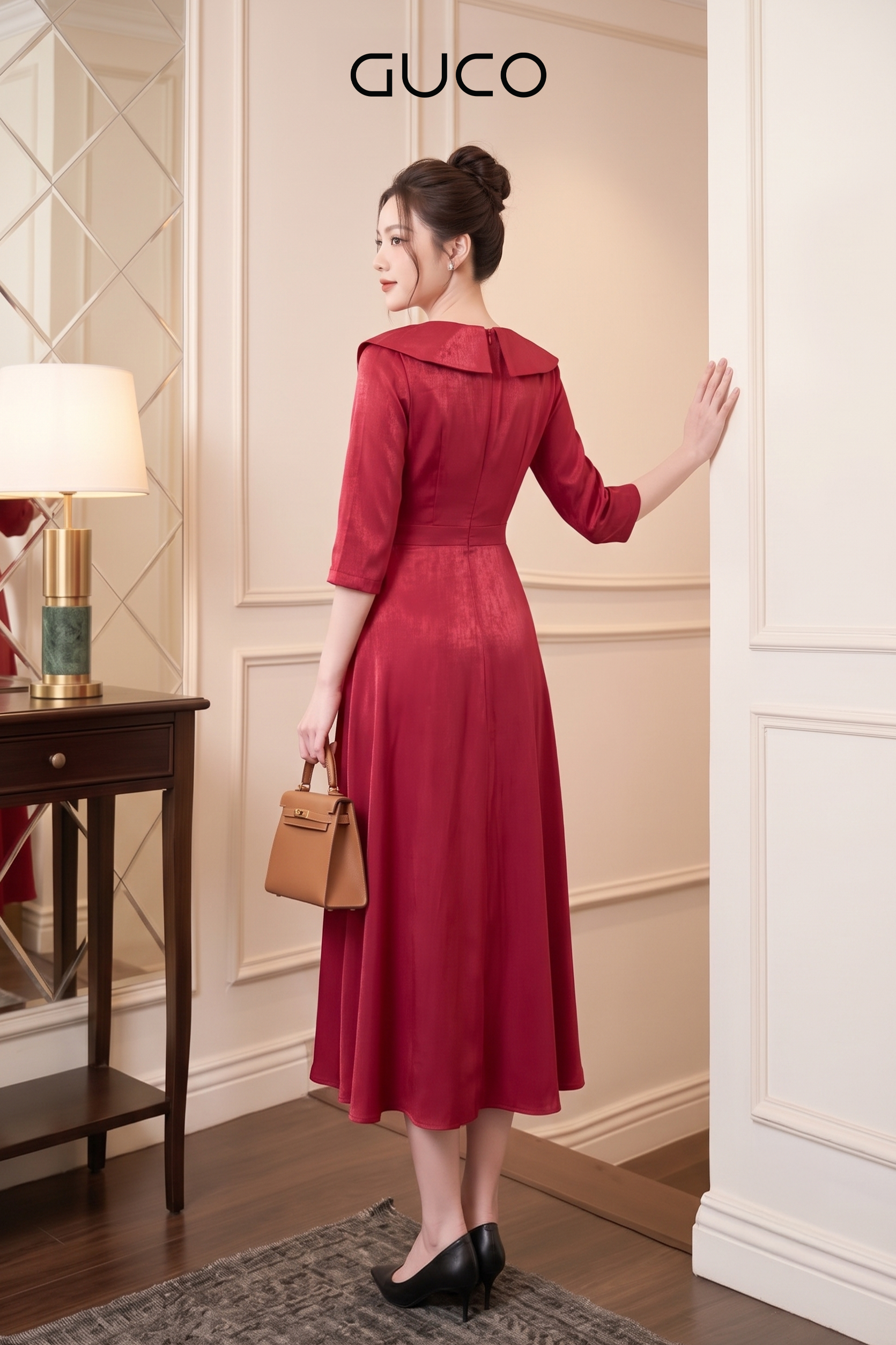 Đầm Xòe Đỏ Cổ Vest Cách Điệu Tay Lỡ_thumbnail_1