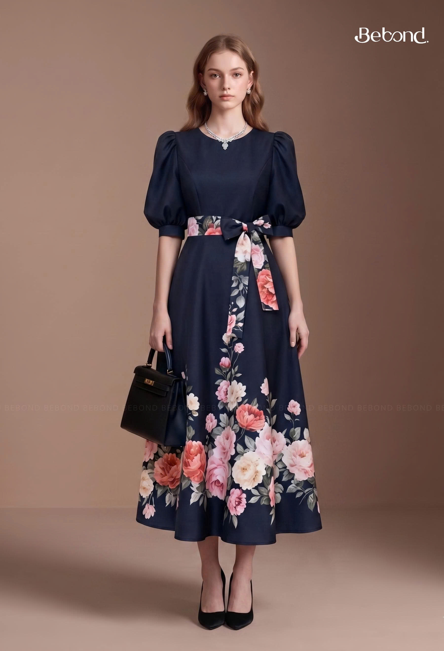 Váy liên dài tay bồng in hoa ROSINA màu XANH NAVY_thumbnail_0