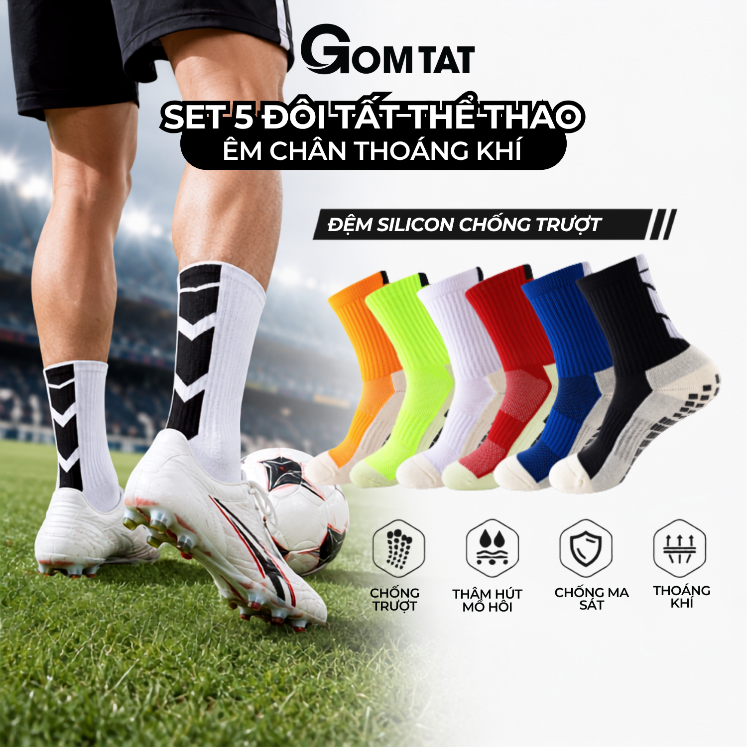 Combo tất thể thao nam đá bóng GOMTAT, chất liệu cotton, silicon chống trượt - TIA-DB-506