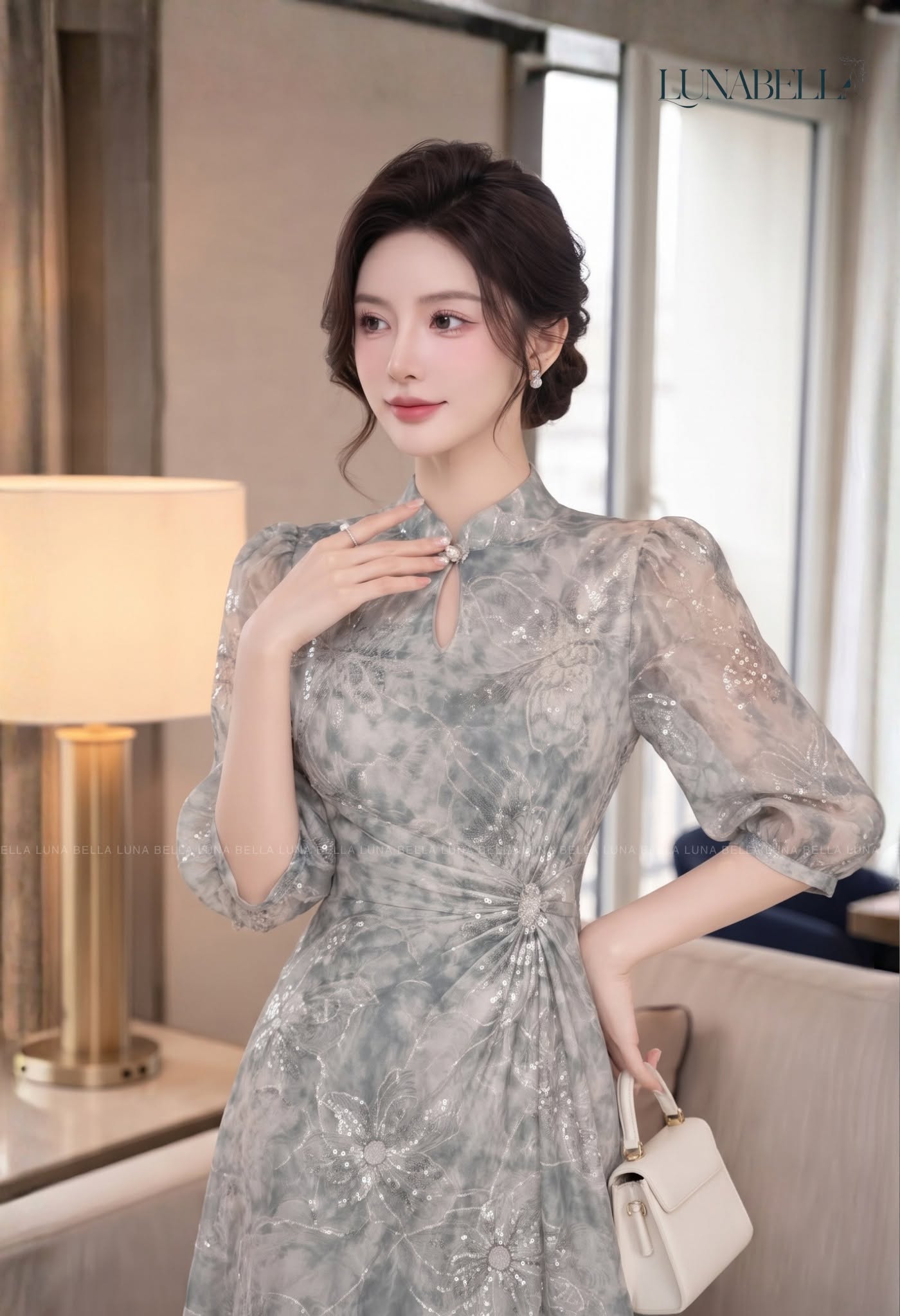 Váy tơ dài cổ tàu đính cườm SEREVA màu XÁM loang_thumbnail_1
