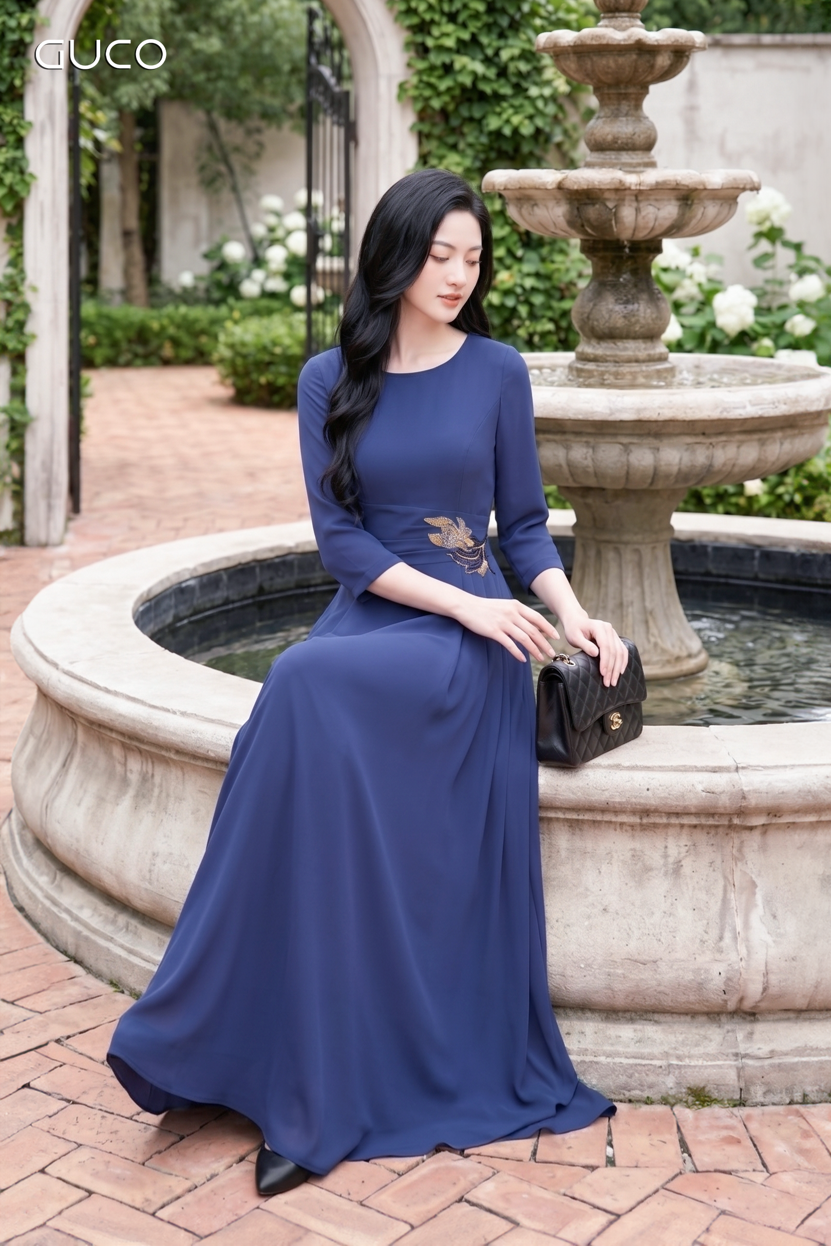 Đầm Xanh Sapphire  Xếp Ly Eo Đính Đá - 5203_thumbnail_1