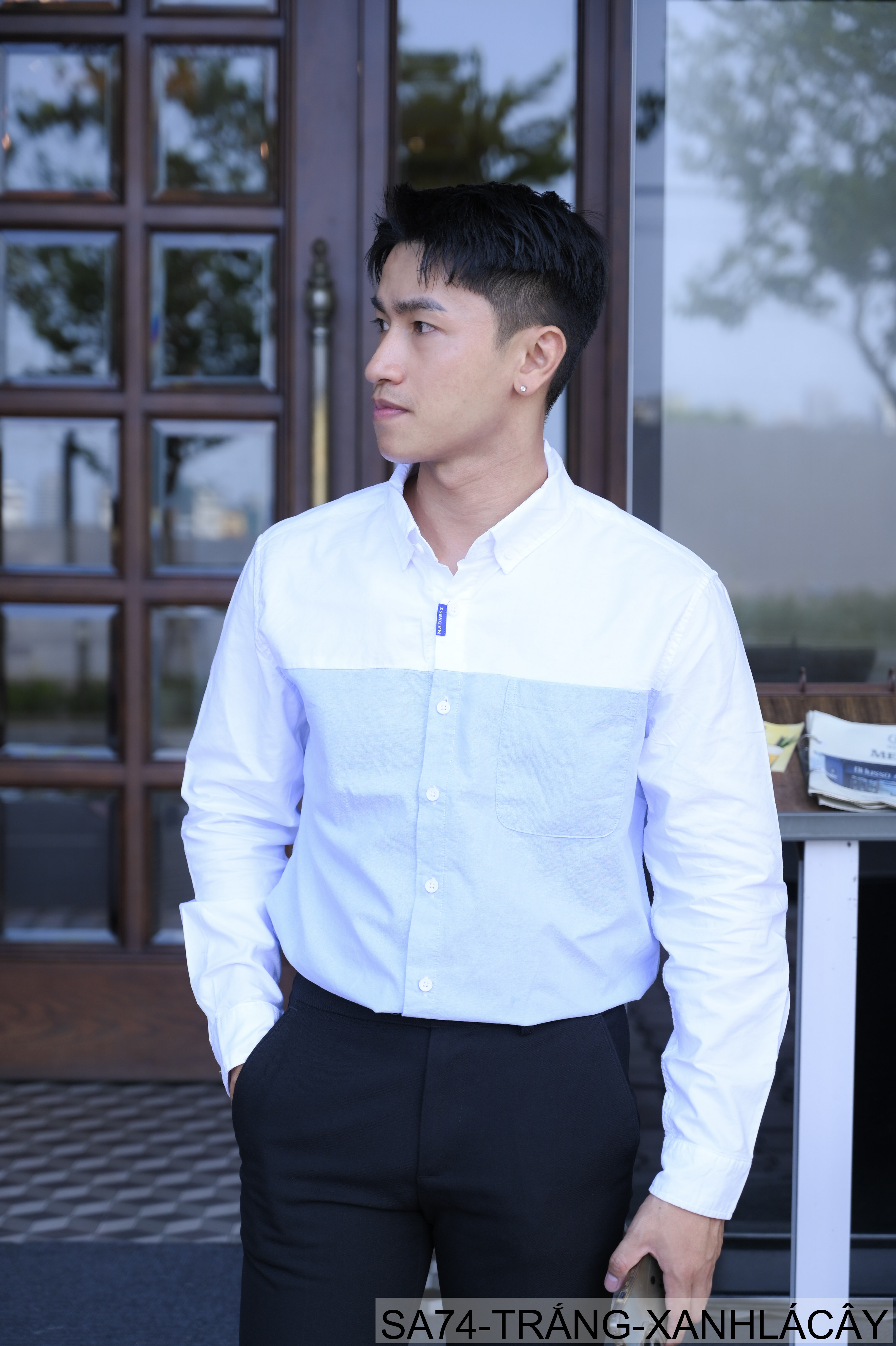 SA74 - Áo sơ mi nam dài tay Oxford kiểu Nhật, form rộng, chất cotton 100%, phối màu trắng xanh lá/xám_thumbnail_4