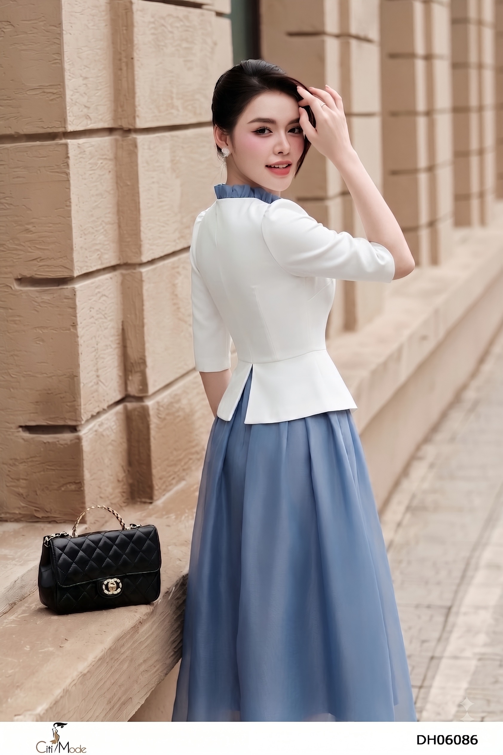 Đầm xòe tơ ghi peplum phối trắng cổ nhún, đính hoa, tay lỡ_thumbnail_4