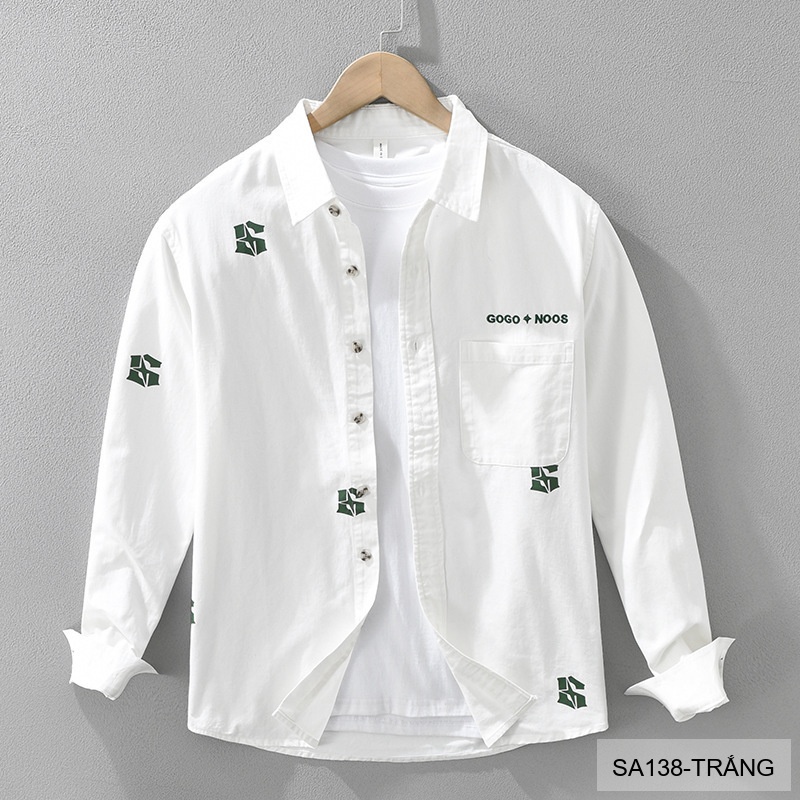 SA138 - Áo sơ mi nam dài tay in họa tiết thời trang, chất cotton 100%, form rộng nhẹ nhàng, màu trắng và xanh lá_thumbnail_0