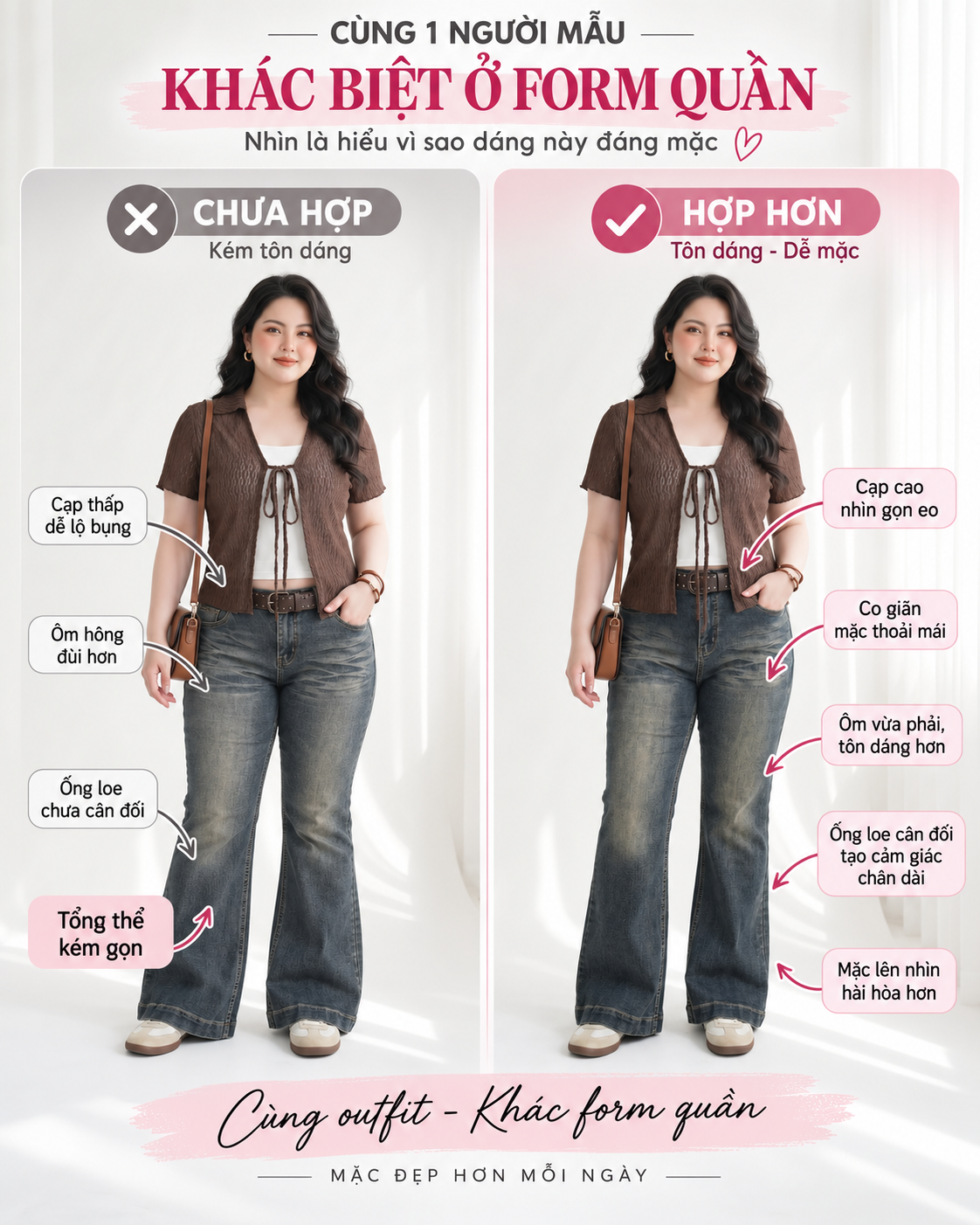 Ảnh so sánh cùng một outfit, nhấn mạnh cạp cao và ống loe cân đối của quần QJ335