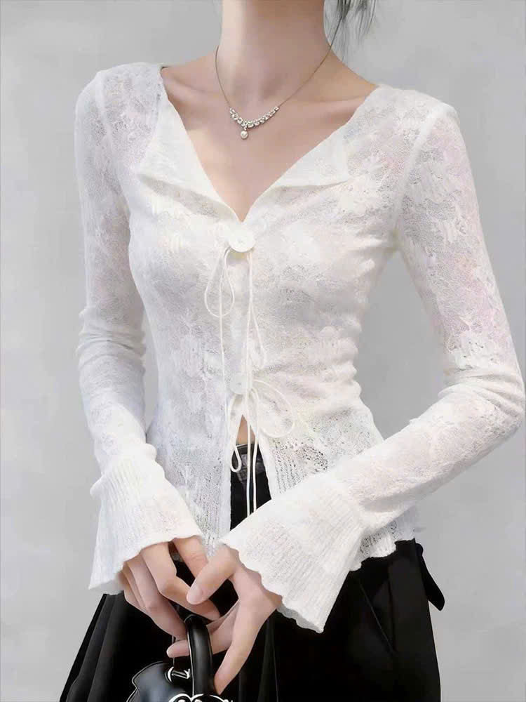 MS PE0104376 : Áo Ren Dài Tay Cổ V Thắt Nơ
