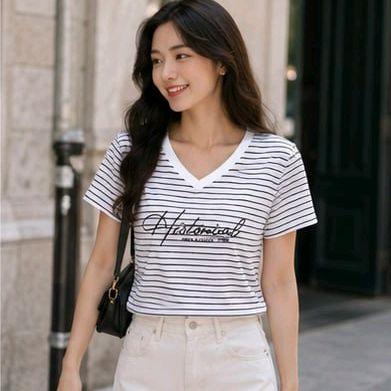 Áo Thun sọc ngang cổ tim Free Size 45-75kg Co Giãn 4 Chiều Tôn Dáng Mềm Mịn Thoáng Mát Dễ Phối Phong Cách_thumbnail_1