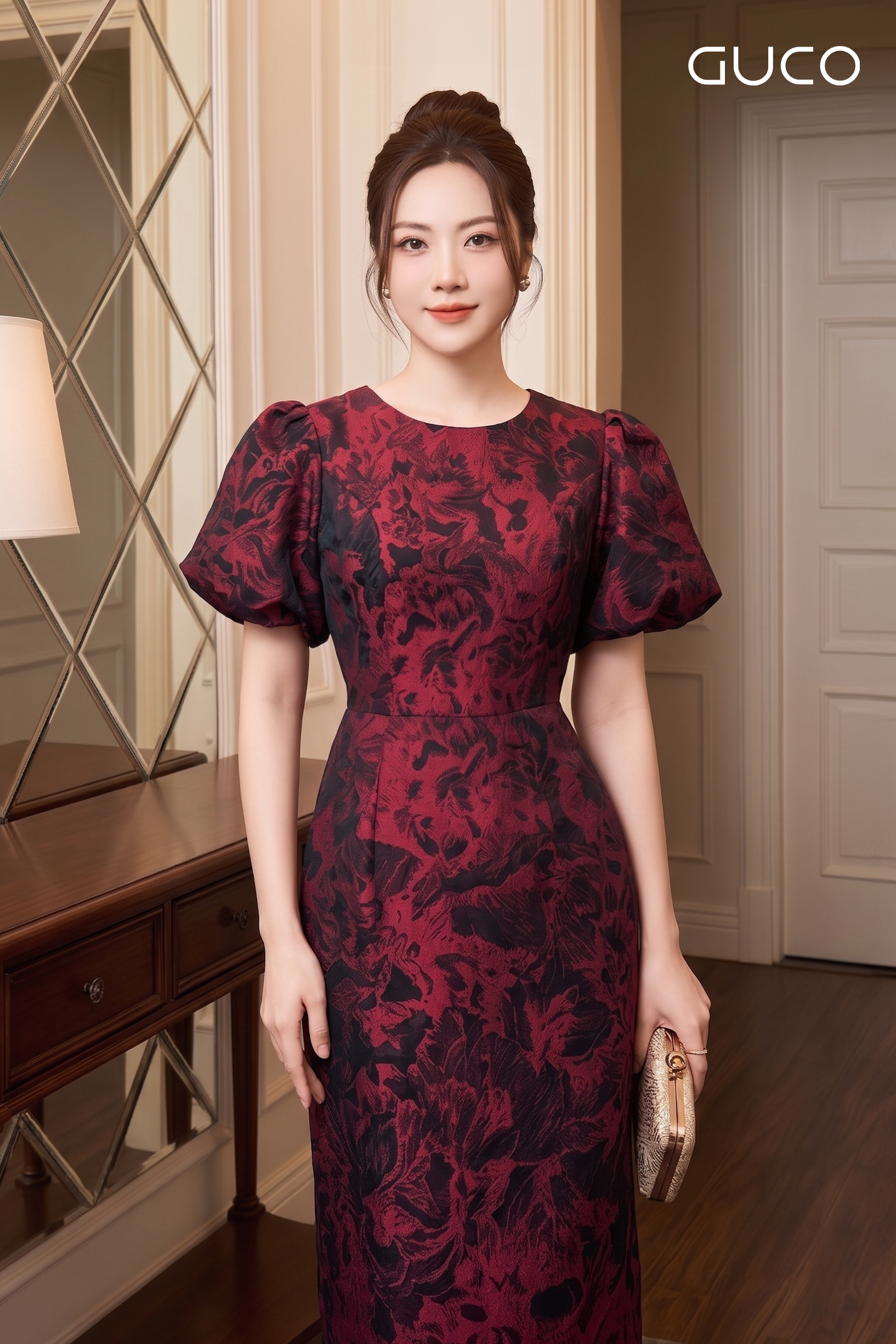 Đầm Gấm Dự Tiệc Hoa Đỏ Tay Phồng_thumbnail_2
