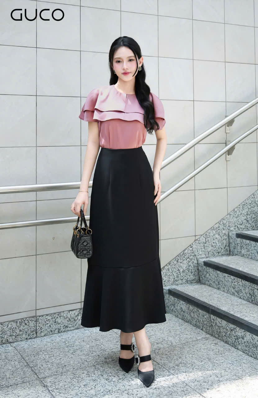 ÁO LỤA KIỂU CỔ PHỐI BÈO - HỒNG
