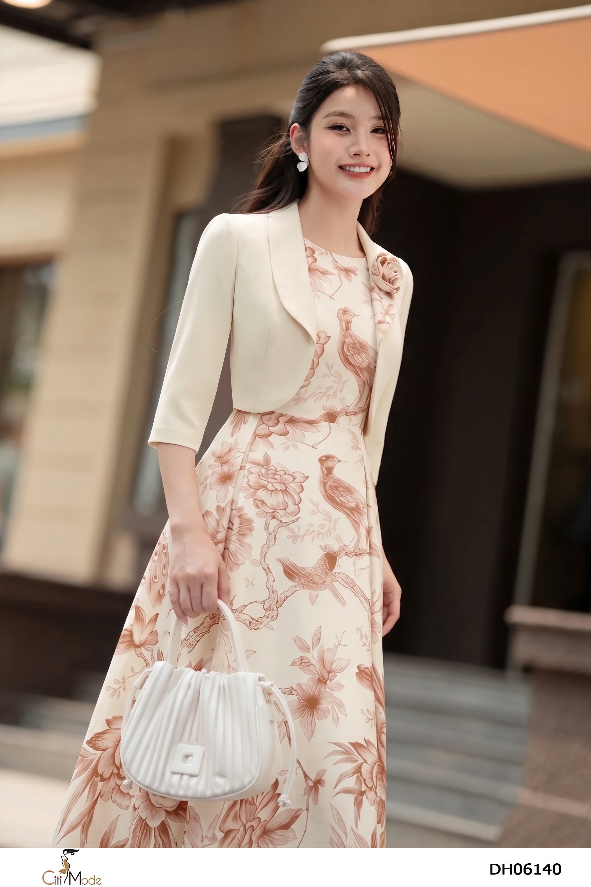 Đầm xòe hoa nâu giả set cổ tròn tay lỡ, đính hoa_thumbnail_3