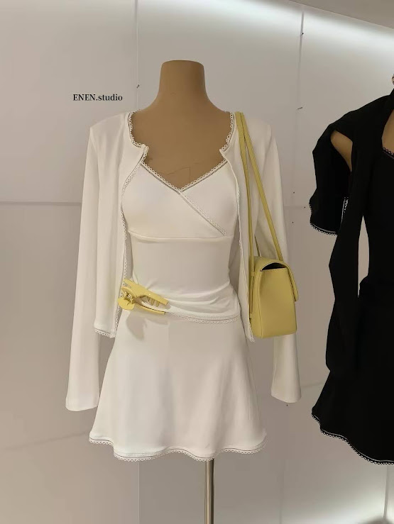 Lucas - Set váy 2 dây ngực đan chéo viền ren chân xòe A ngắn + áo khoác cardigan viền ren_thumbnail_1
